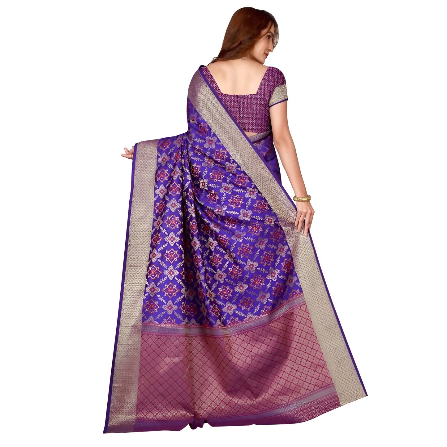 Pallu view of purple and gold Kanchivaram silk in a studio setting