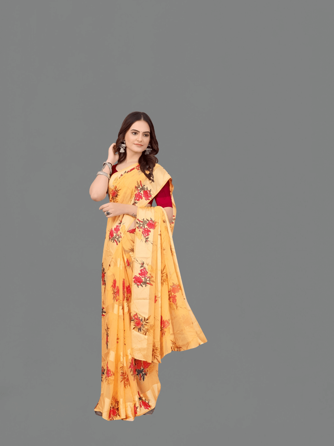 Close-up of delicate florals on beige saree