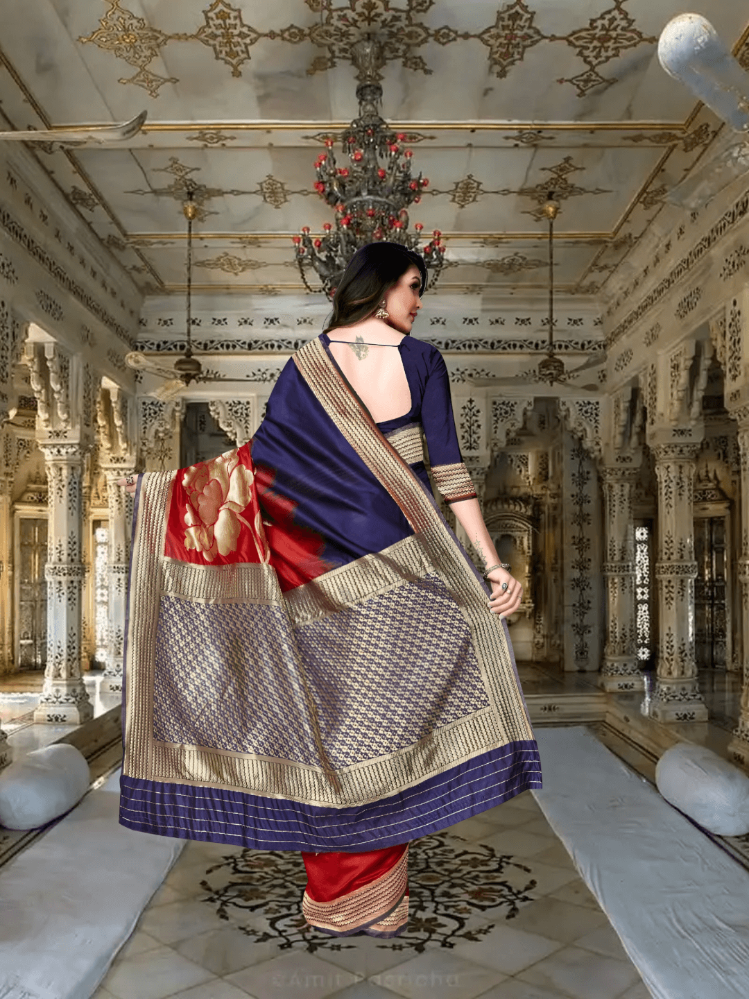 Macro of red geometric patterns on navy – each angle hand-painted