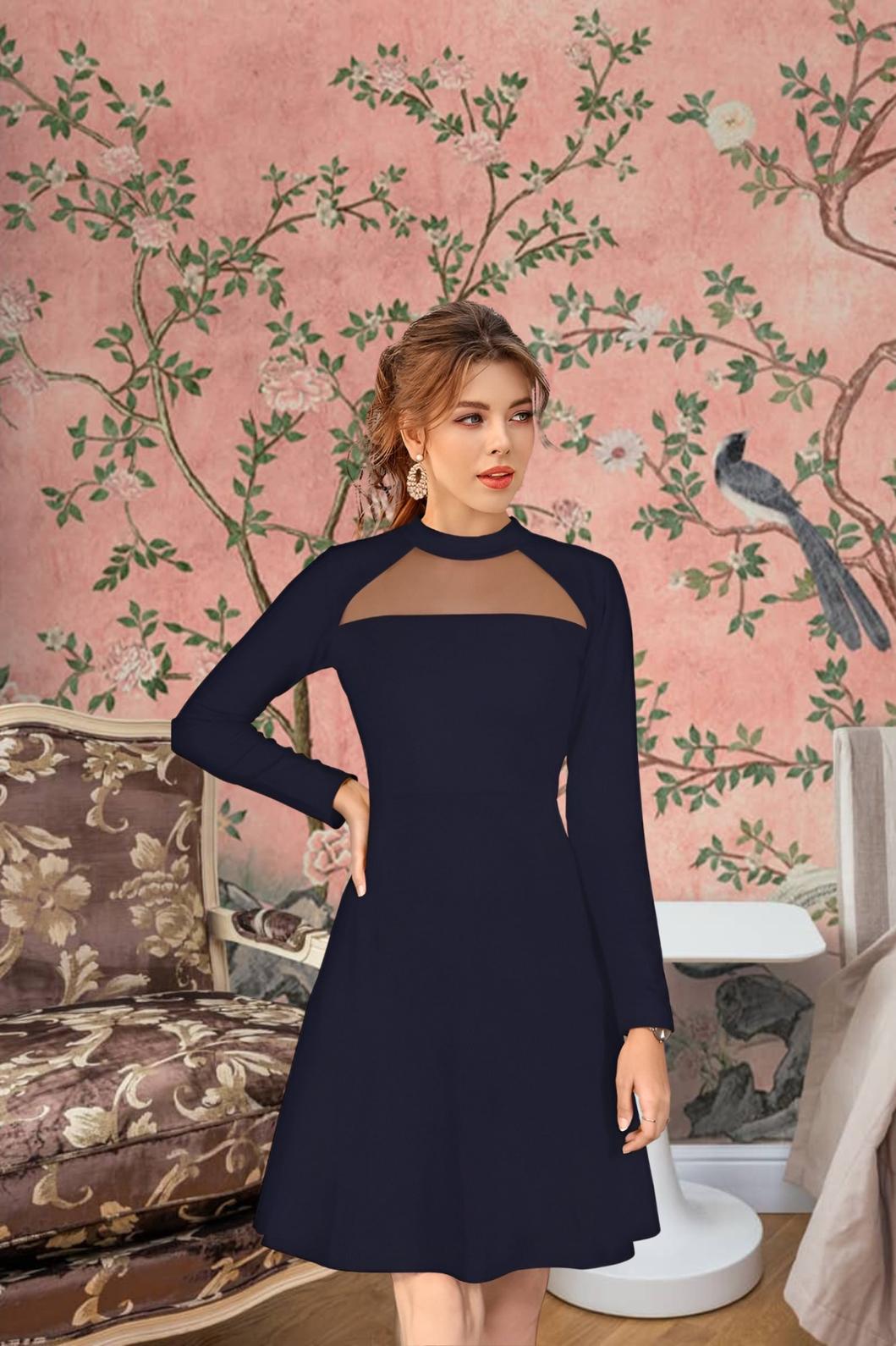 Model in navy blue full-sleeve dress – poised front stance in regal setting