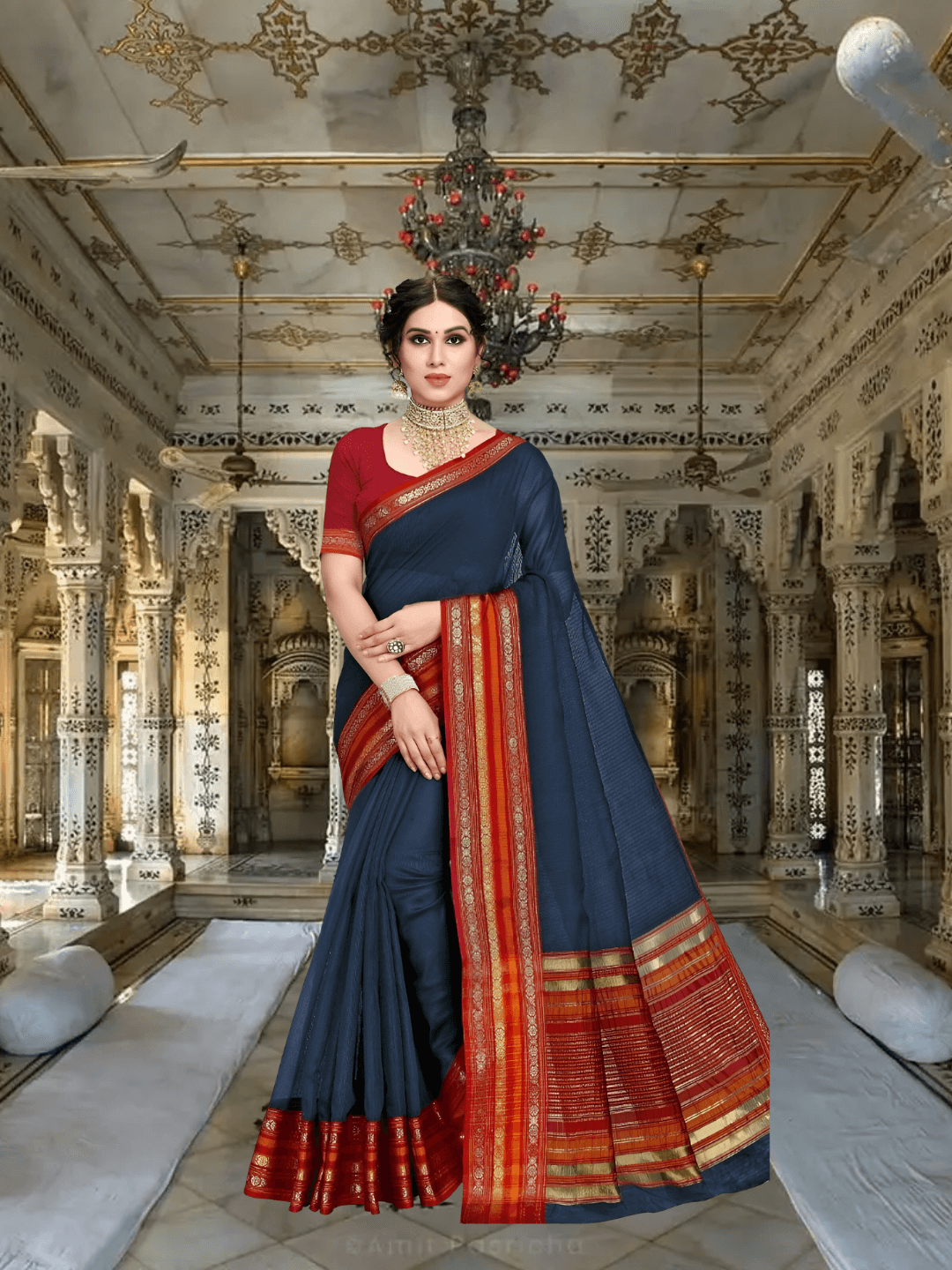 Side angle showing red blouse, soft cotton flow, heritage vibe intact