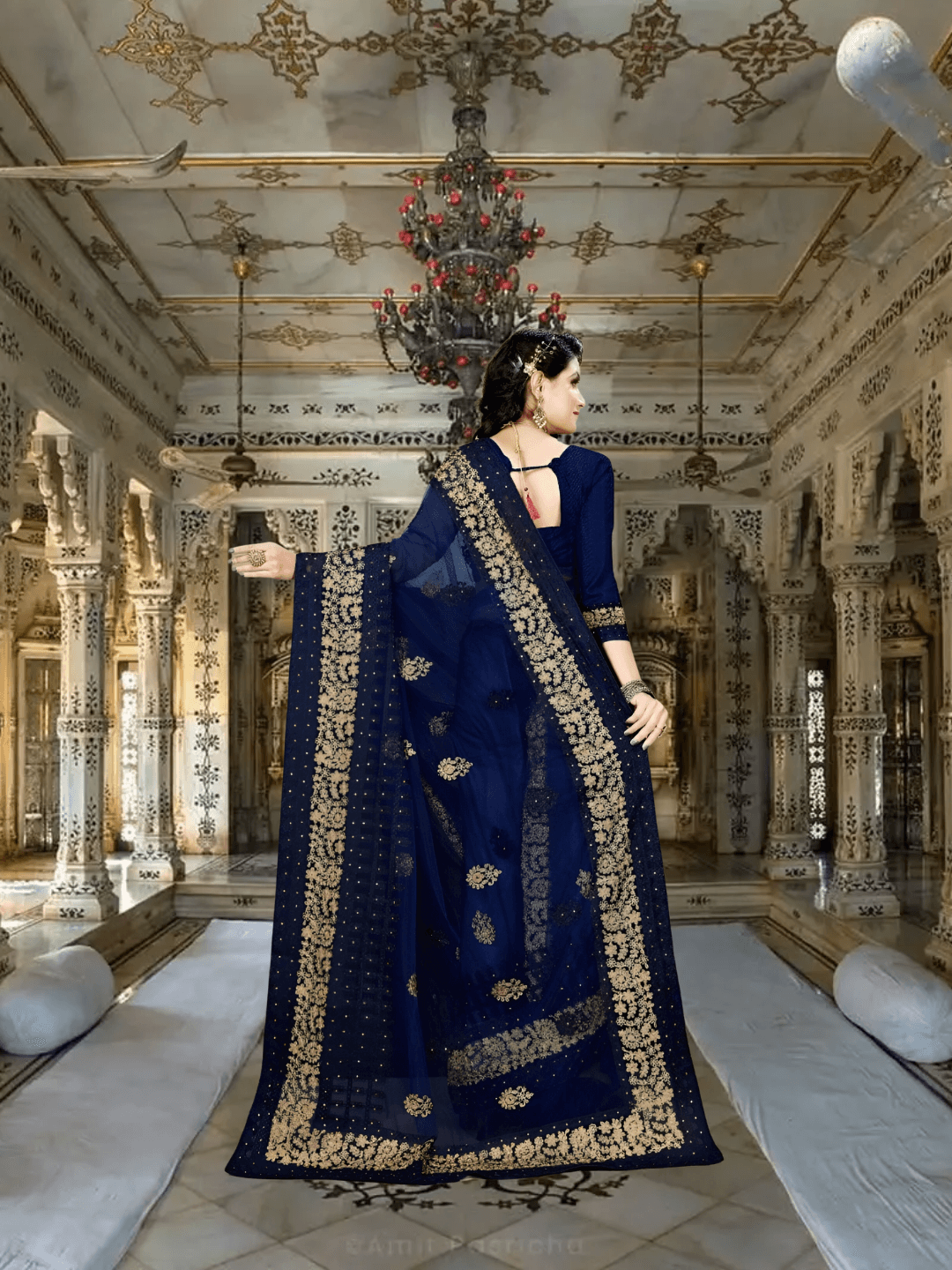 Side pose on palace staircase, saree trailing like twilight smoke