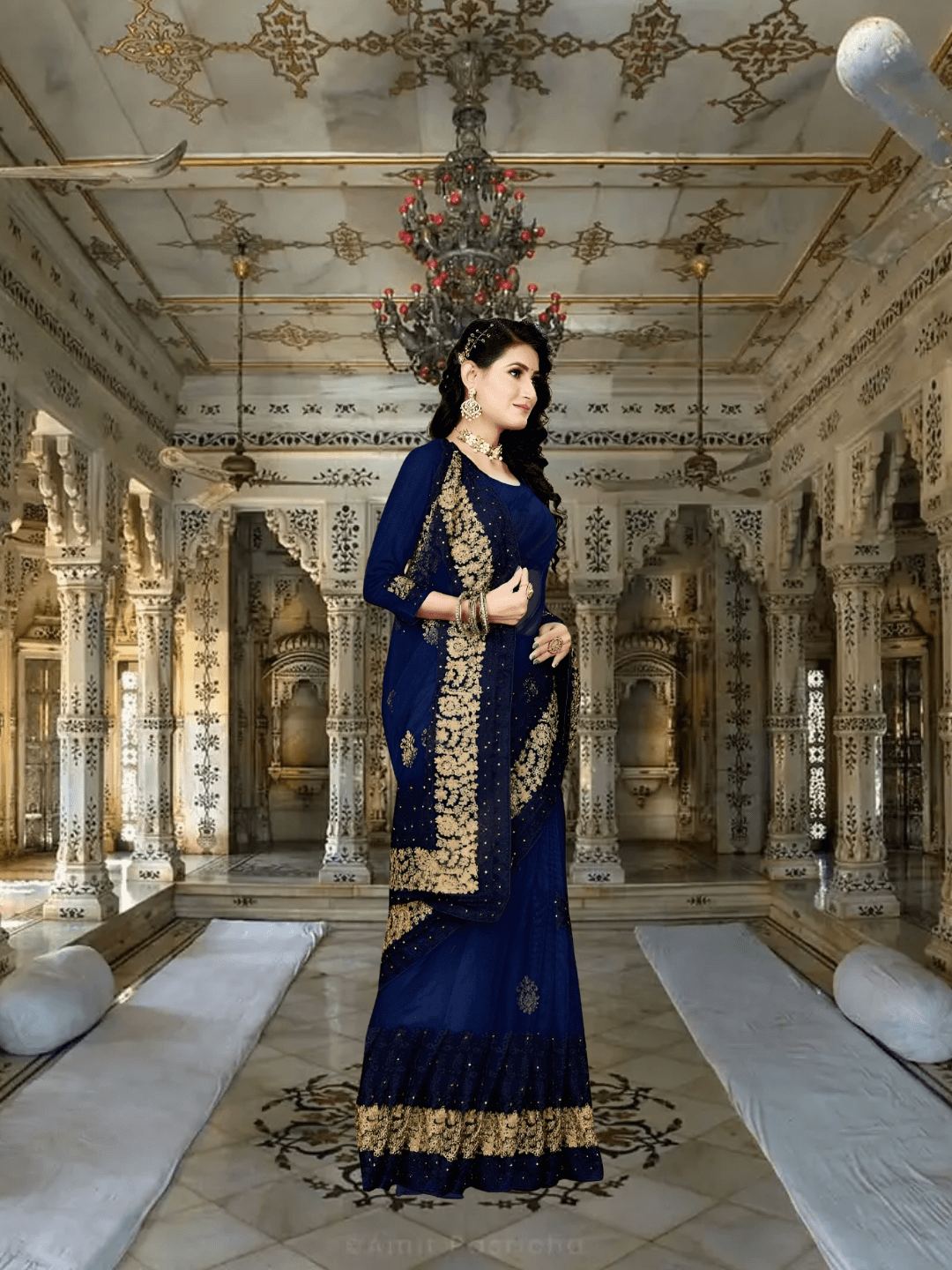 Backshot with border catching candlelight, embroidery dancing like dusk fireflies