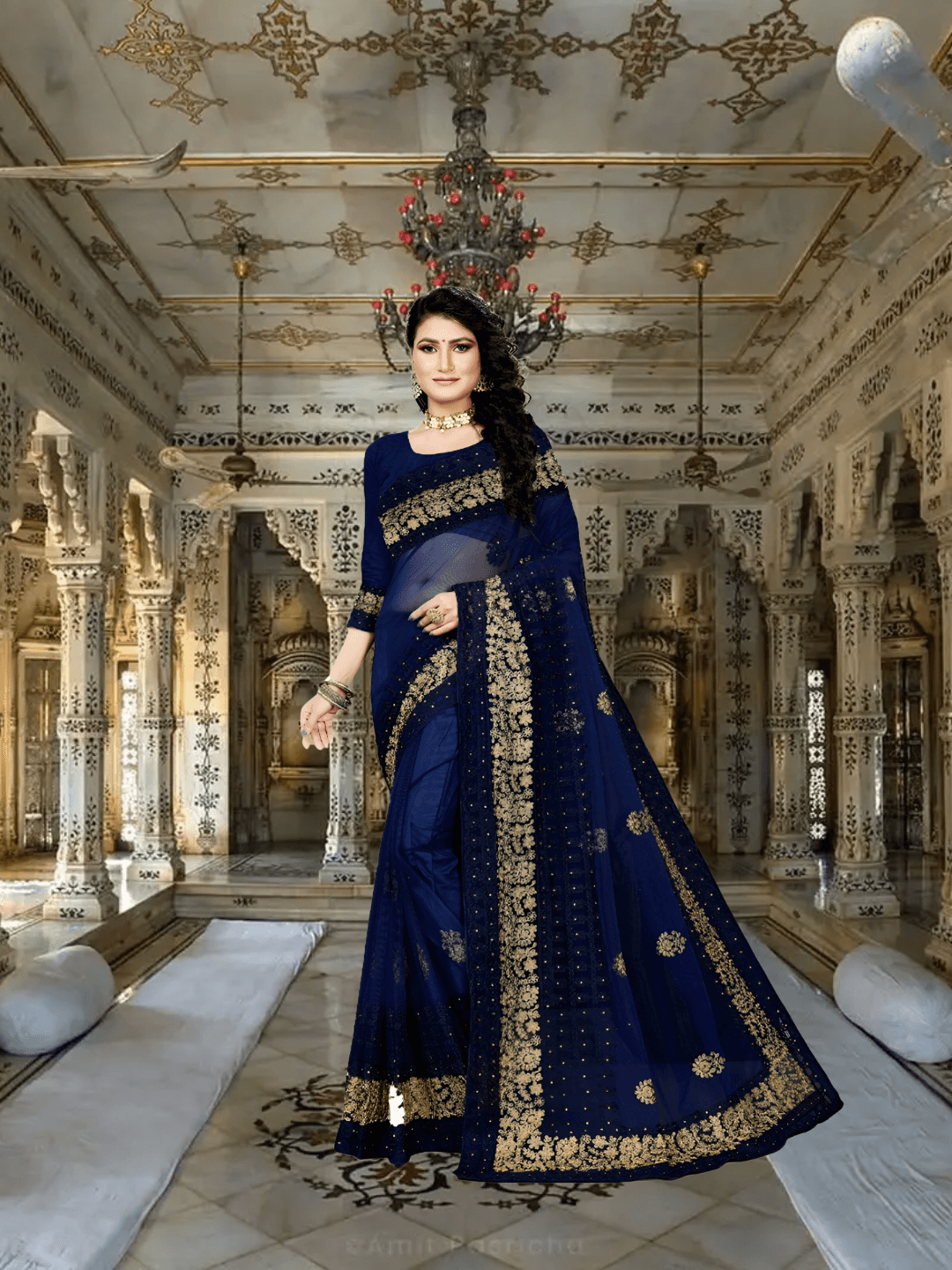 Close-up of stitched patterns floating over skin, framed by chandelier glow