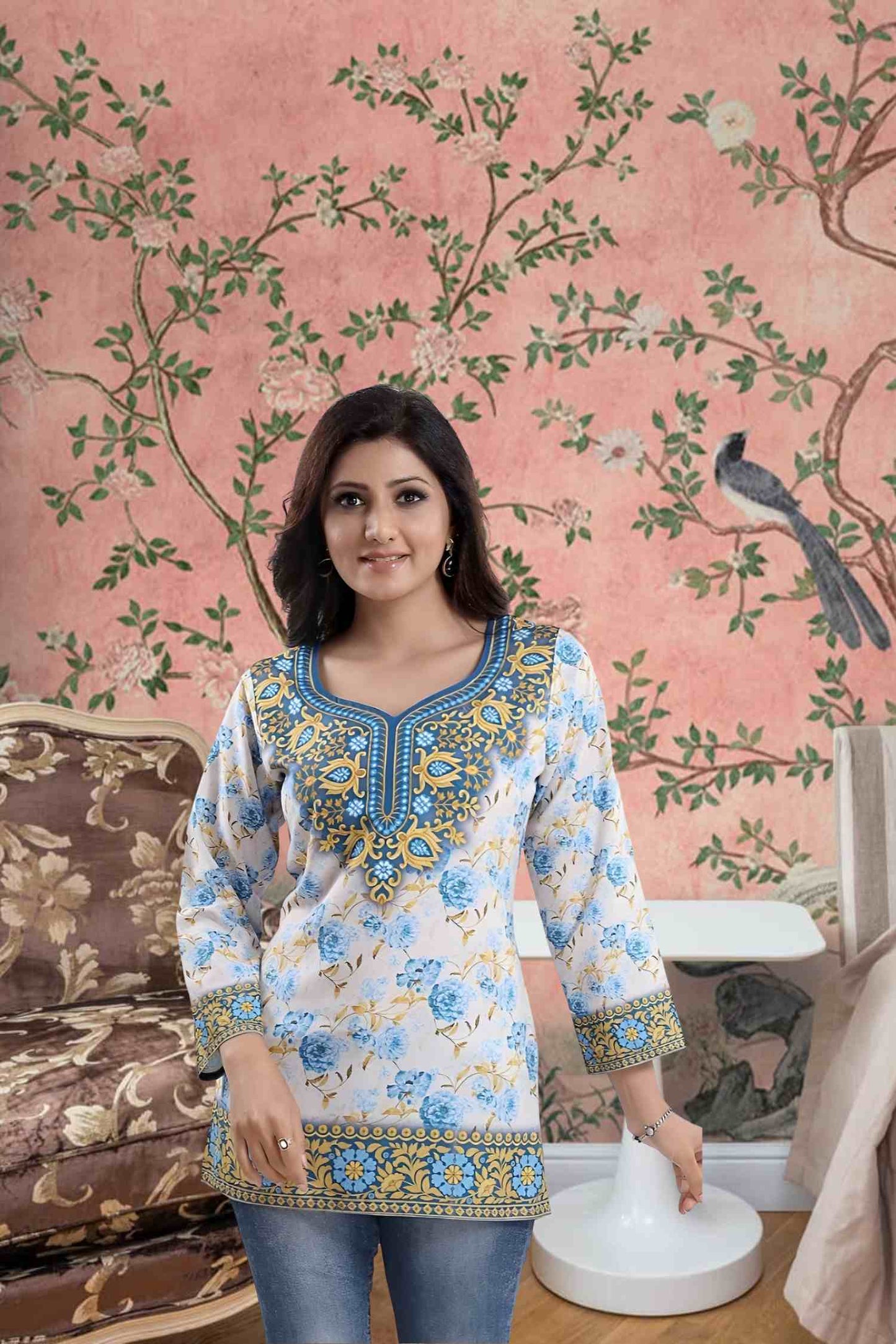 Front view against limestone arches, fabric glowing like votive wax