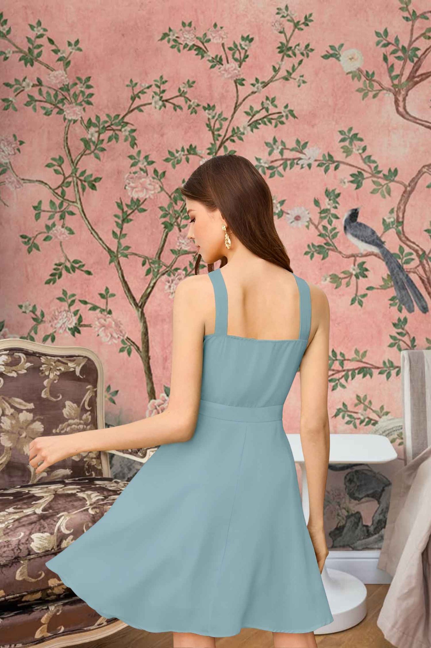 Back shot of pista halter dress with fitted silhouette