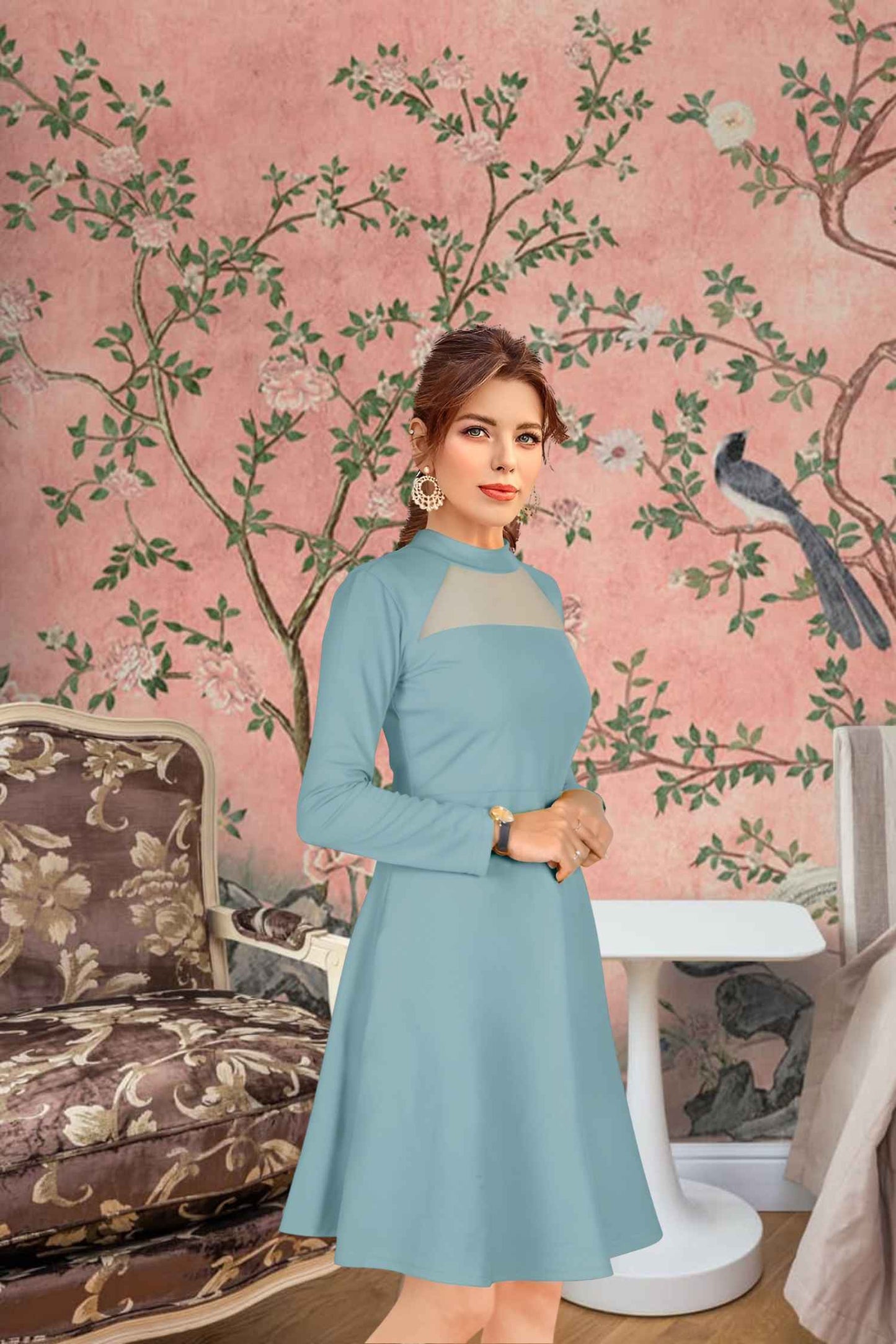 Side angle of pista green bodycon knit dress