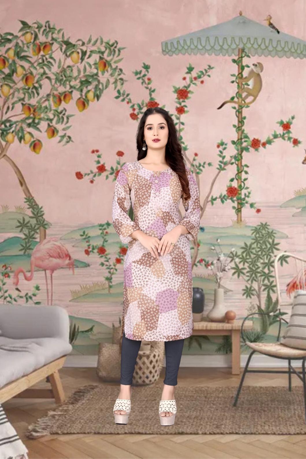 Front view of brown kurti with earthy print against textured mud wall