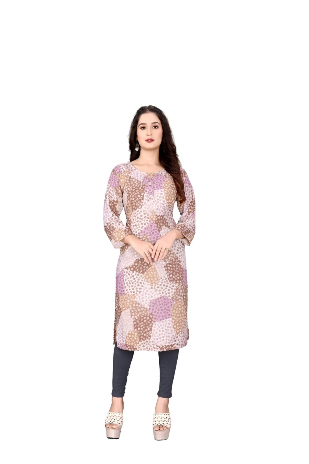 Isolated front view of brown kurti with tribal motifs