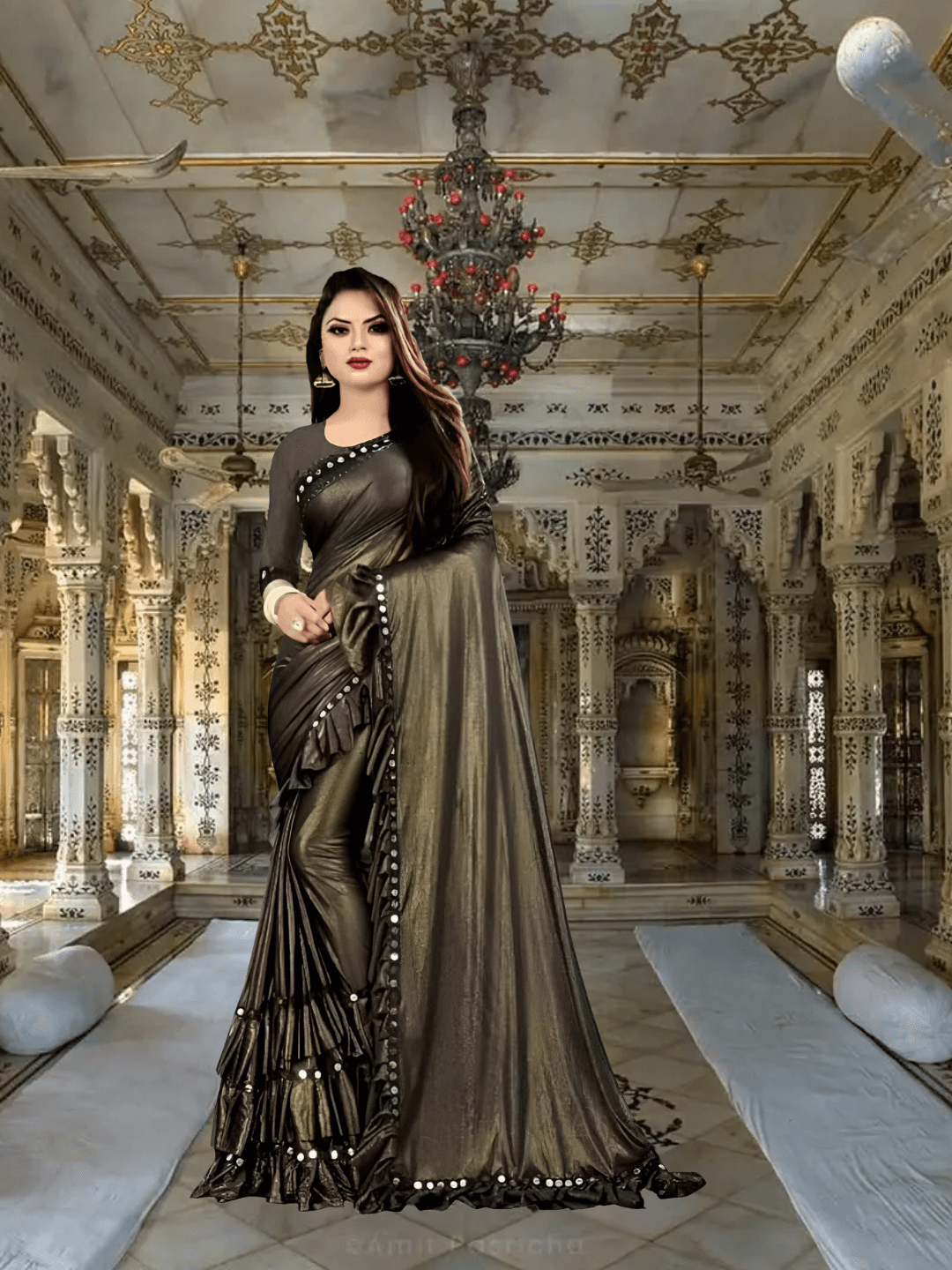 Coffee brown Lycra saree with matching blouse - office to party essential