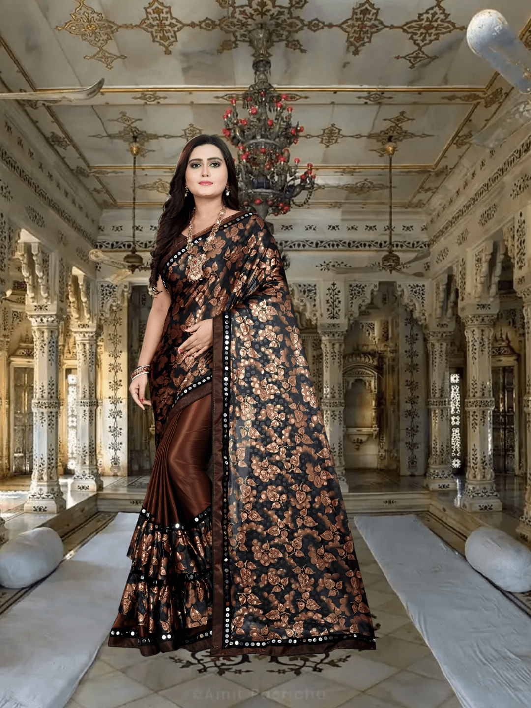 Coffee brown saree in golden hour, gold butterflies glowing like spilled sunlight