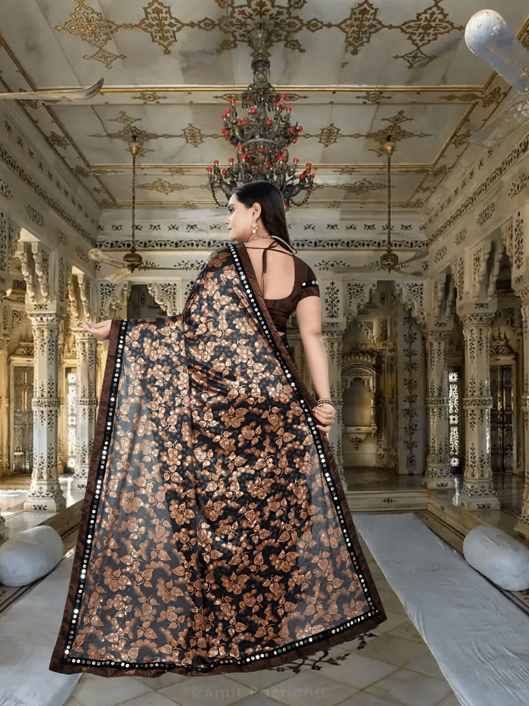 Coffee brown saree in golden hour, gold butterflies glowing like spilled sunlight