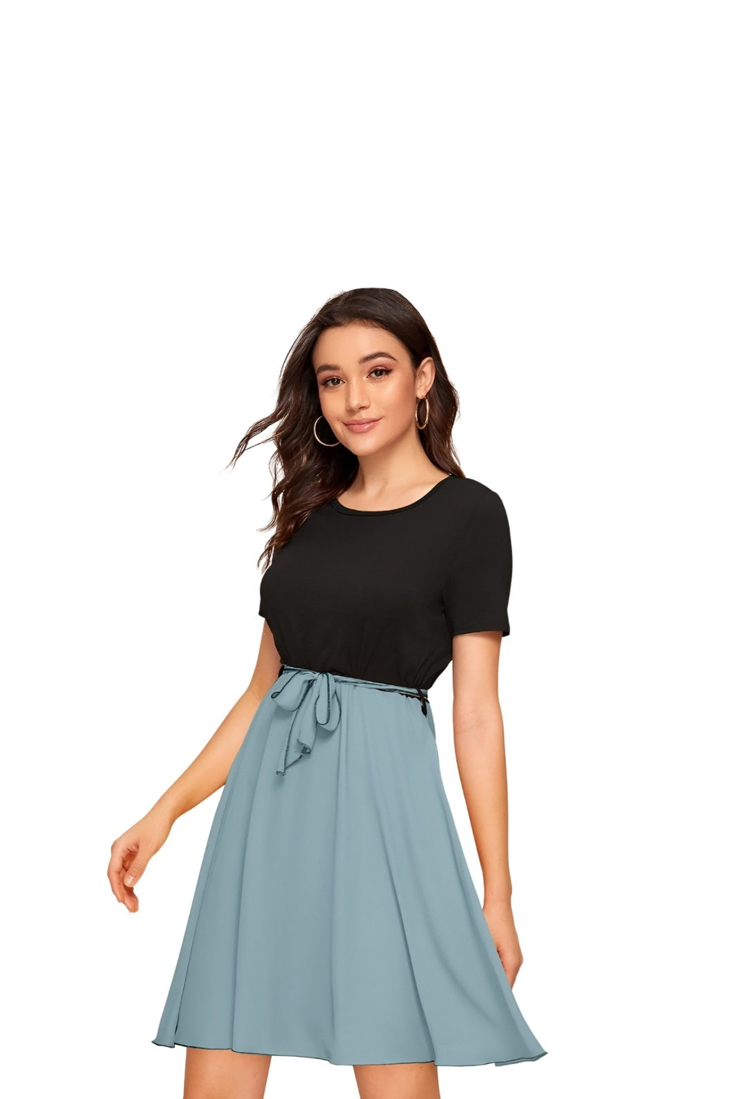 Model in Monochrome Reverie dress, isolated on clean white backdrop