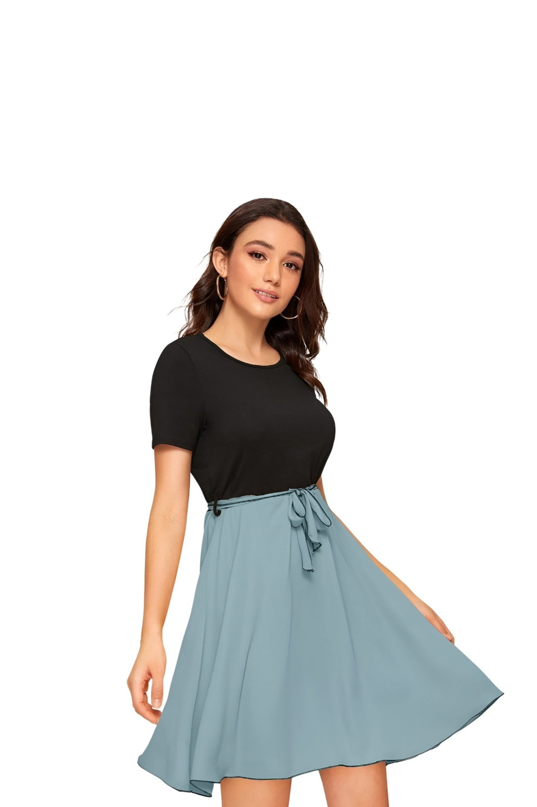 Side angle of black-grey knit dress by Celestina with no background