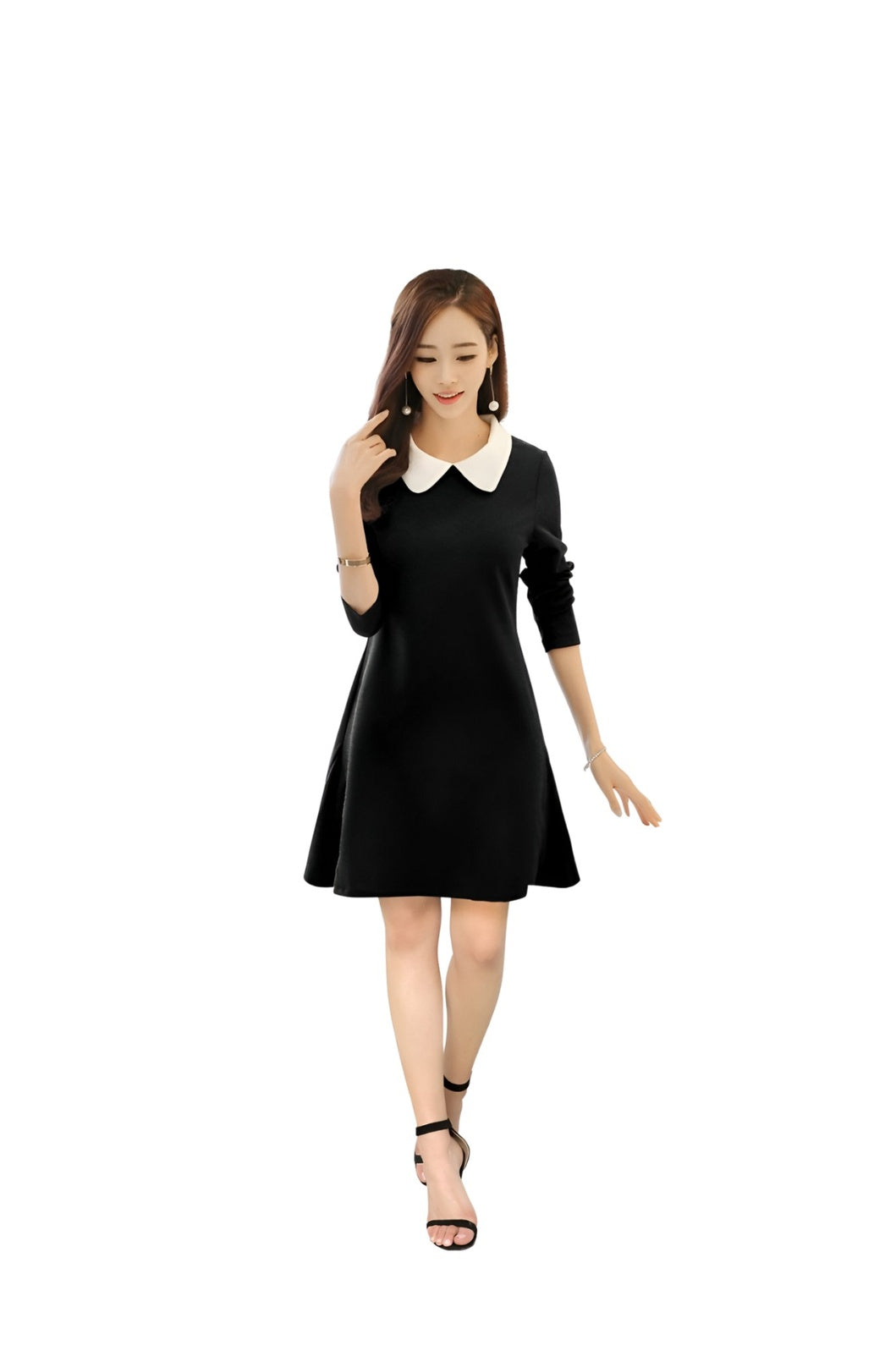 Front studio view of black dress with white collar