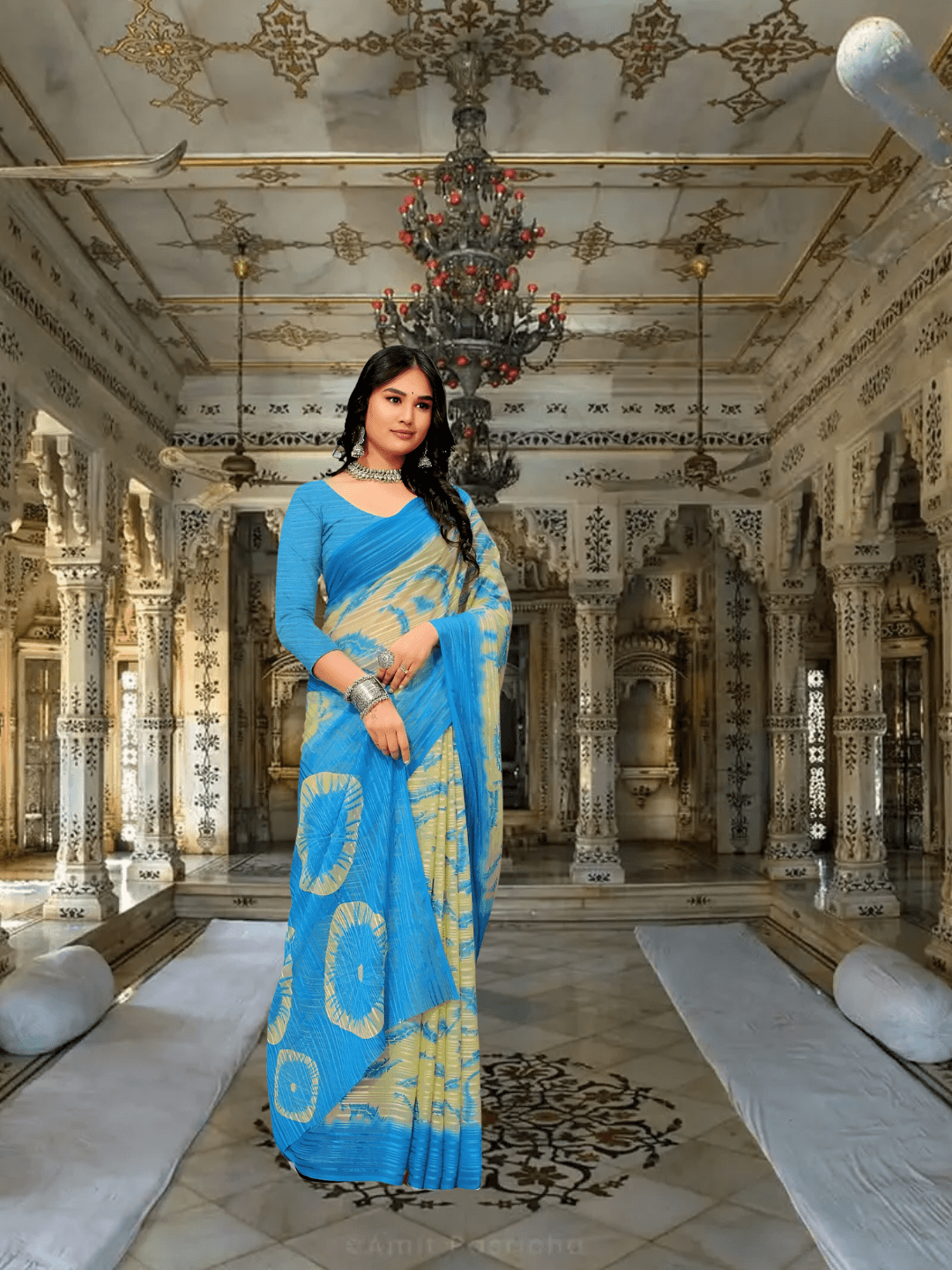 Georgette saree in motion showing shifting abstract patterns
