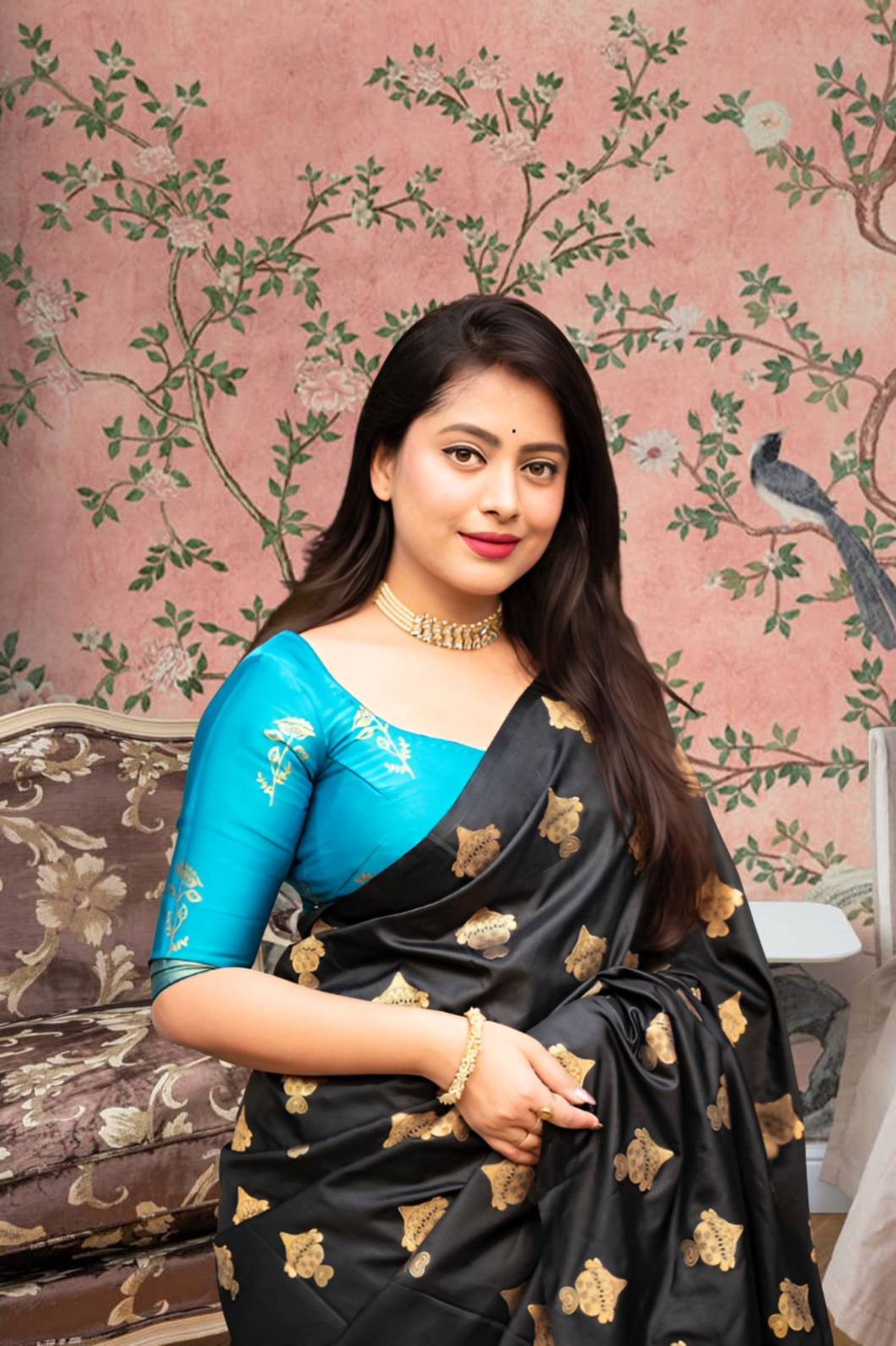 Front view of black silk saree with sky blue blouse in royal setting