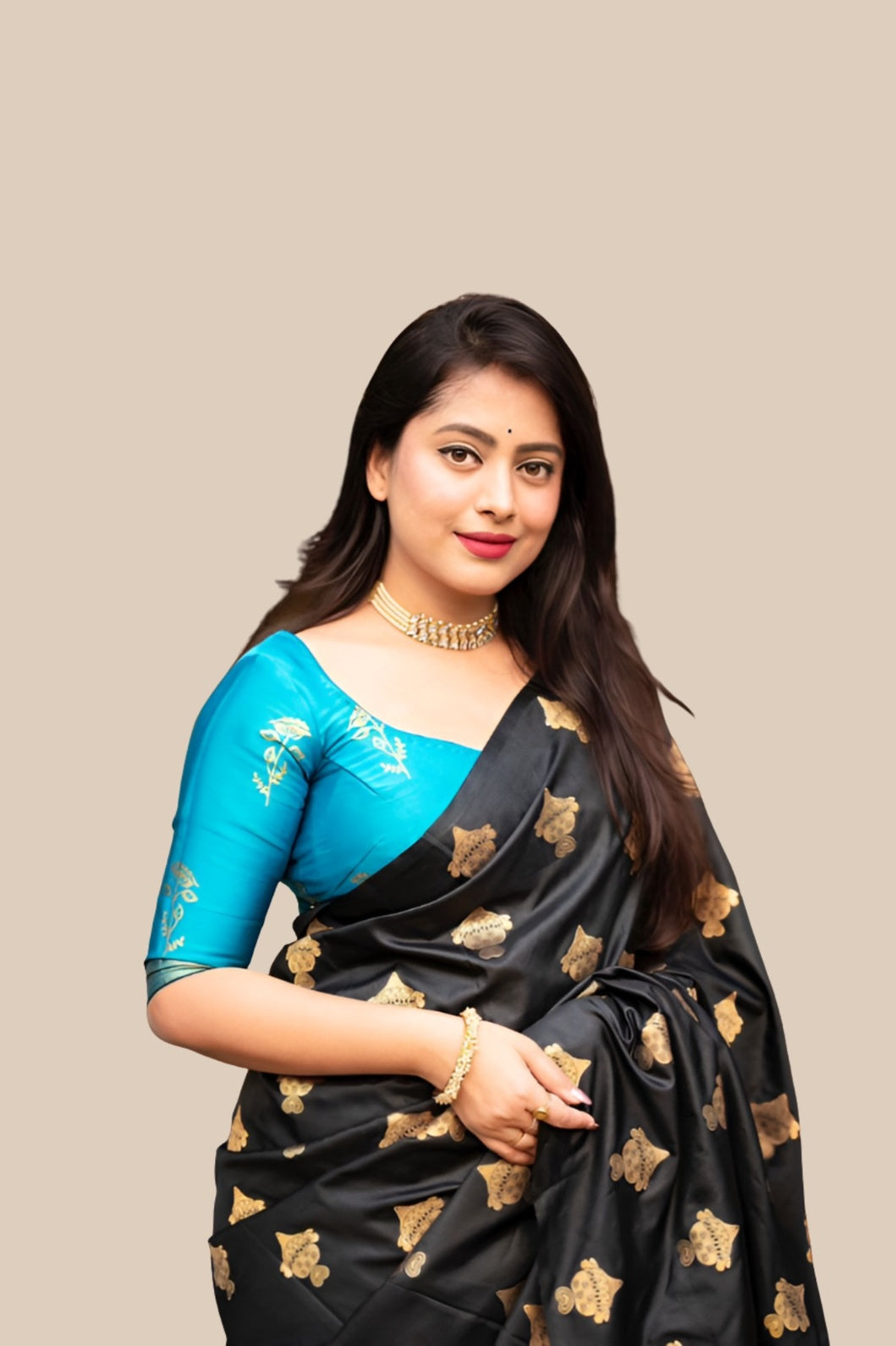 Studio front view of black silk printed saree and blouse contrast