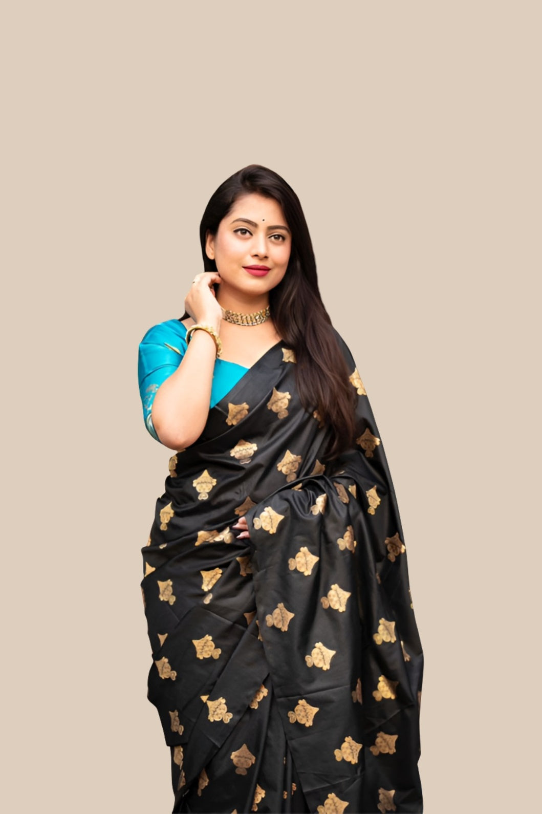 Studio front view of black silk printed saree and blouse contrast