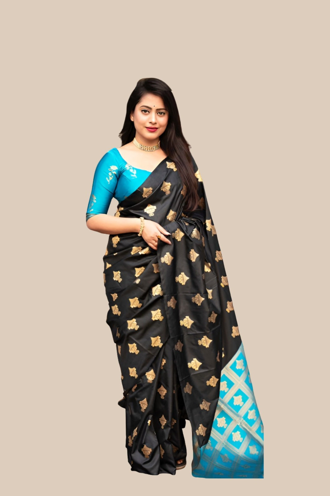 Studio front view of black silk printed saree and blouse contrast