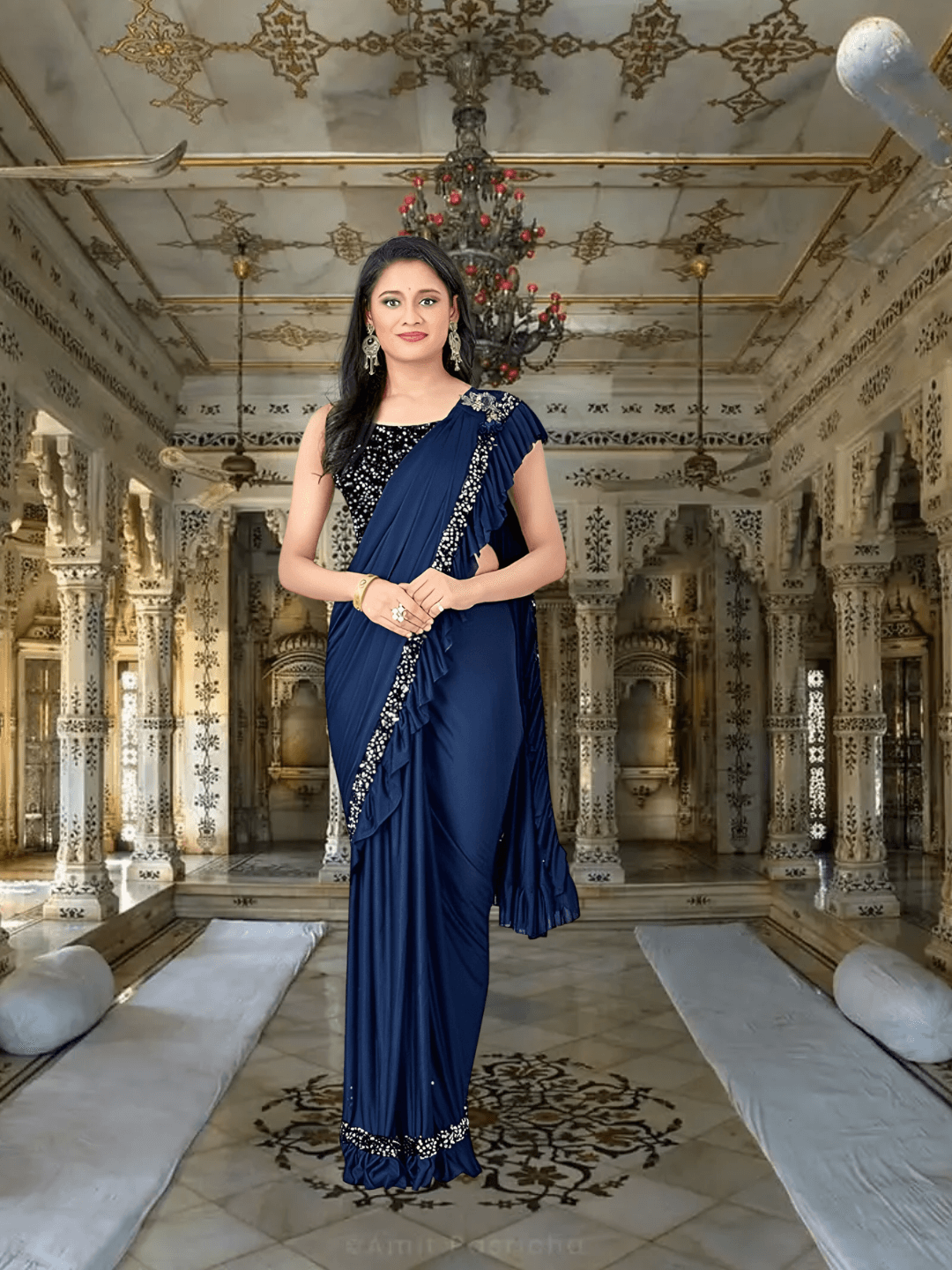 Navy blue Lycra saree with matching blouse - professional to party wear