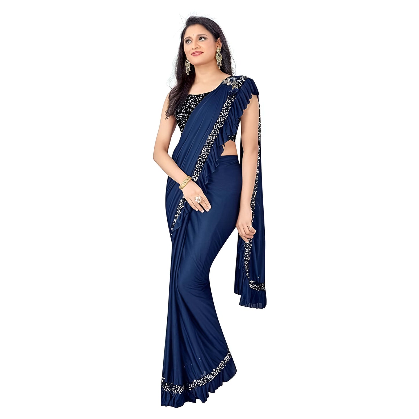 Executive woman wearing navy saree in meeting