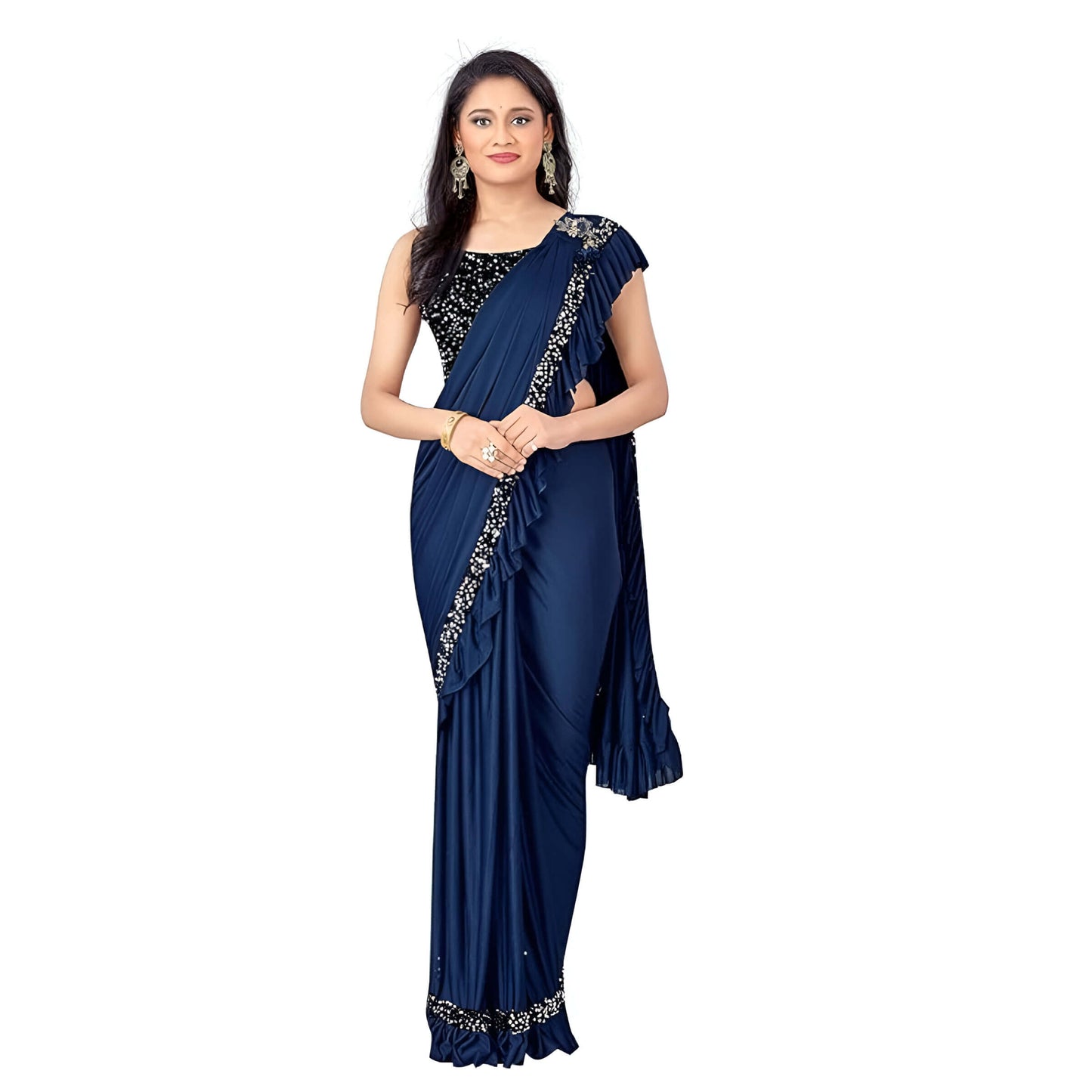 Navy blue Lycra saree with matching blouse - professional to party wear