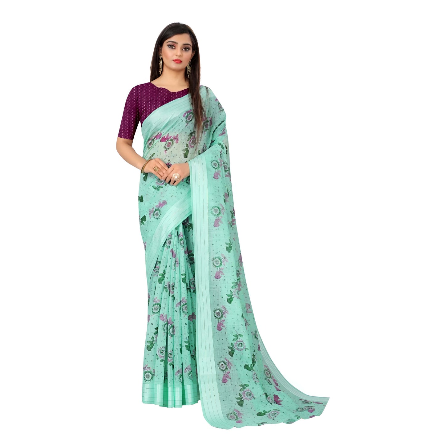 Pista green cotton saree with floral designs draped on mannequin against white backdrop