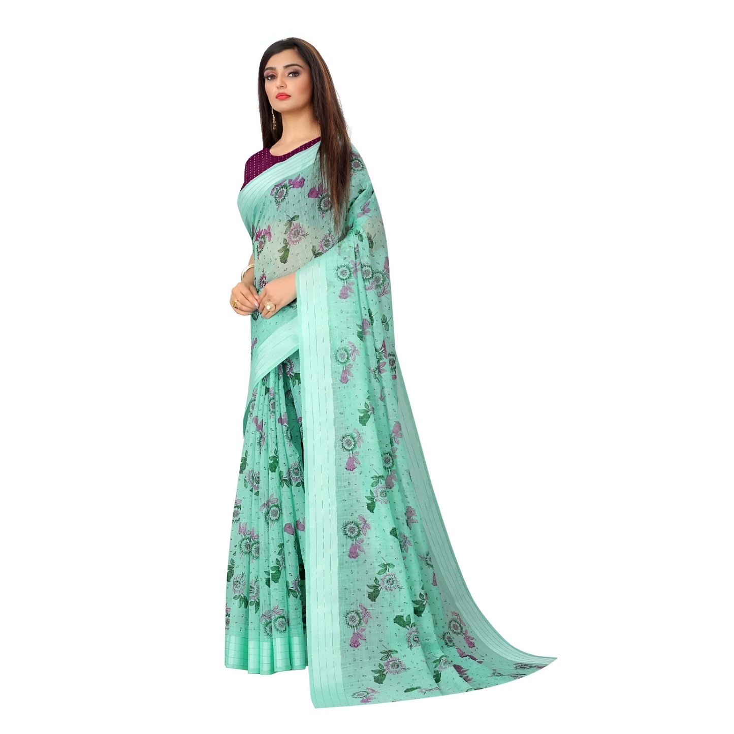 Extended pallu showcasing printed details in light pista cotton saree on white studio setup