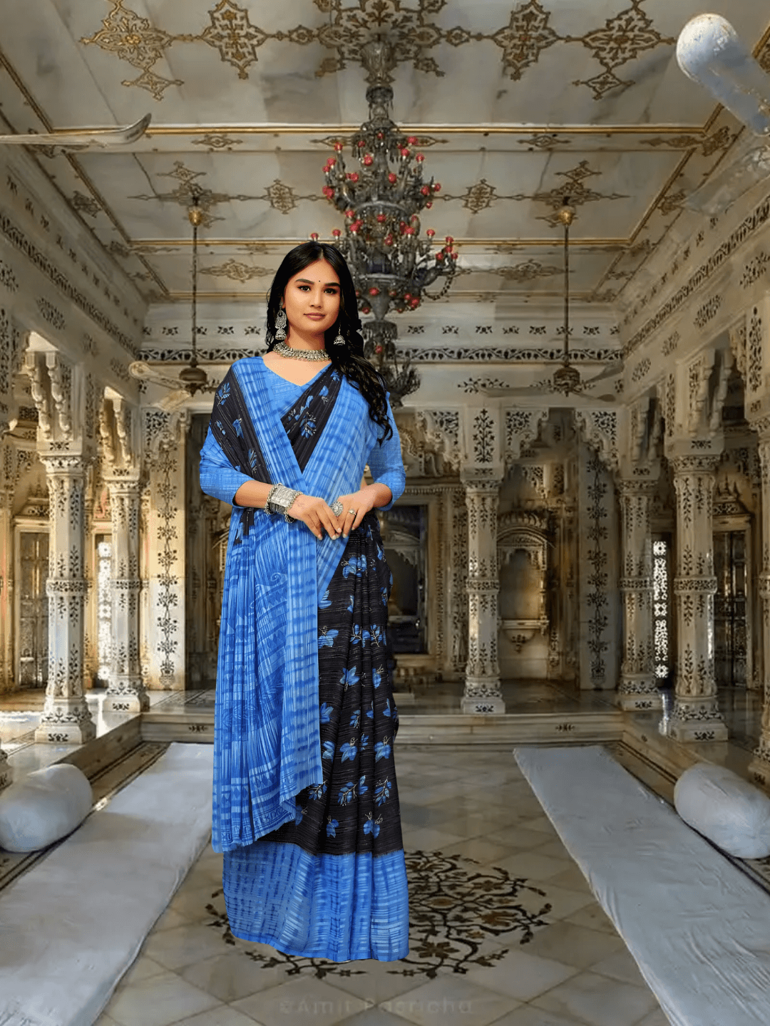 Black-blue ombre saree glowing under