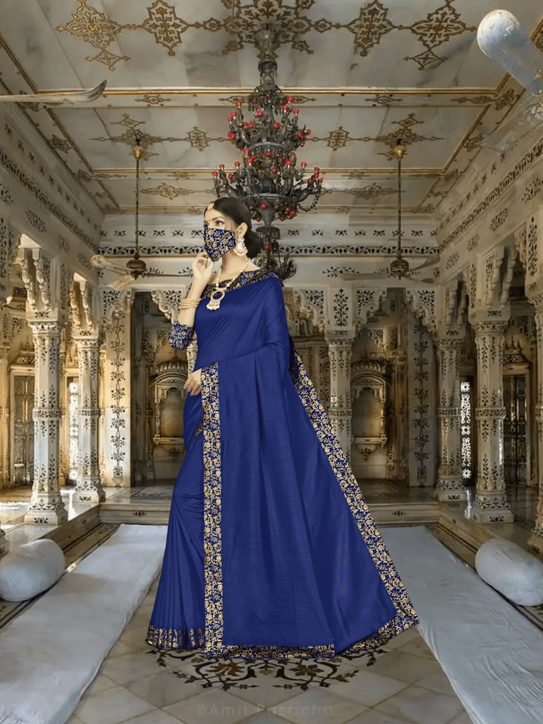 Close-up of intricate pink digital prints on navy silk blend saree