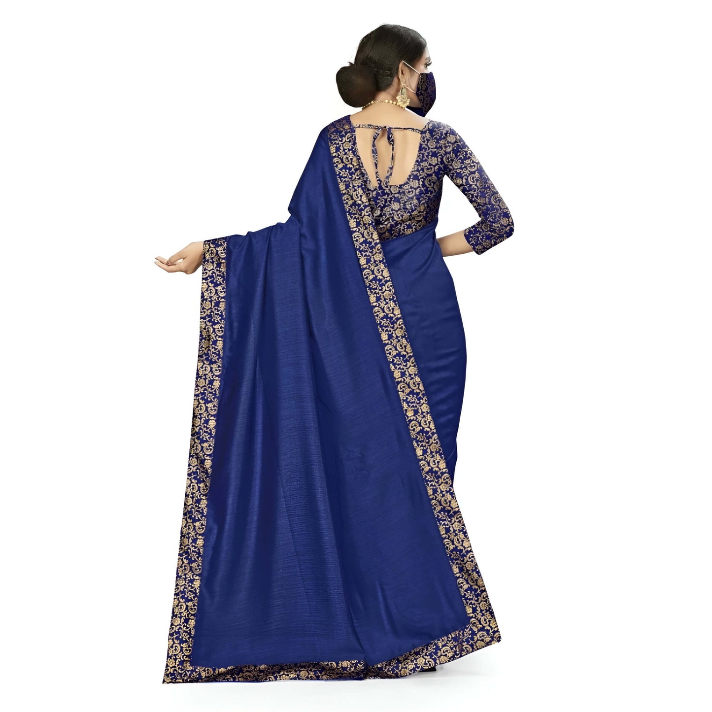 Zoom-in on digitally printed floral border against navy blue saree