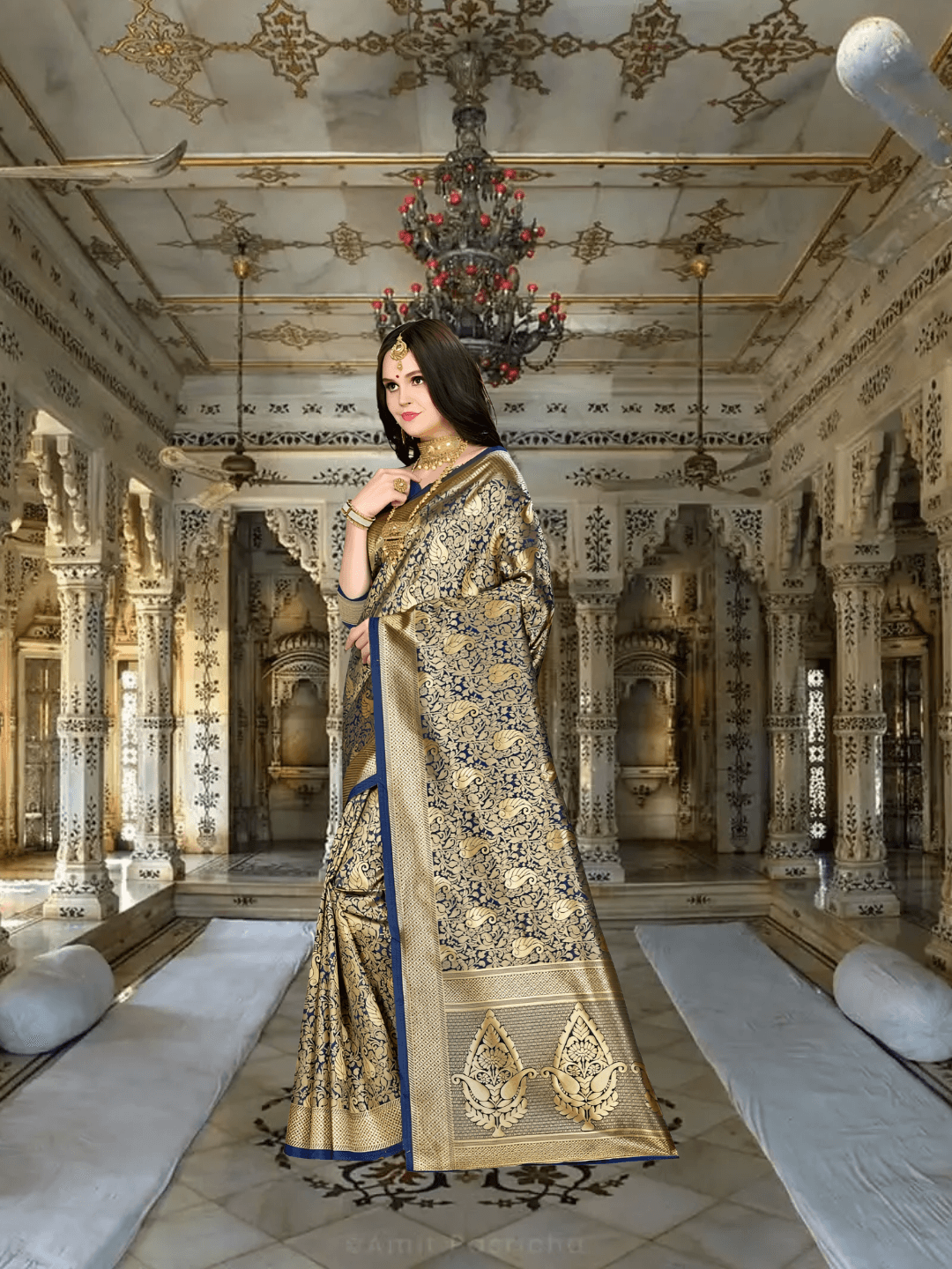 Close-up of abstract golden motif work on deep blue Banarasi silk