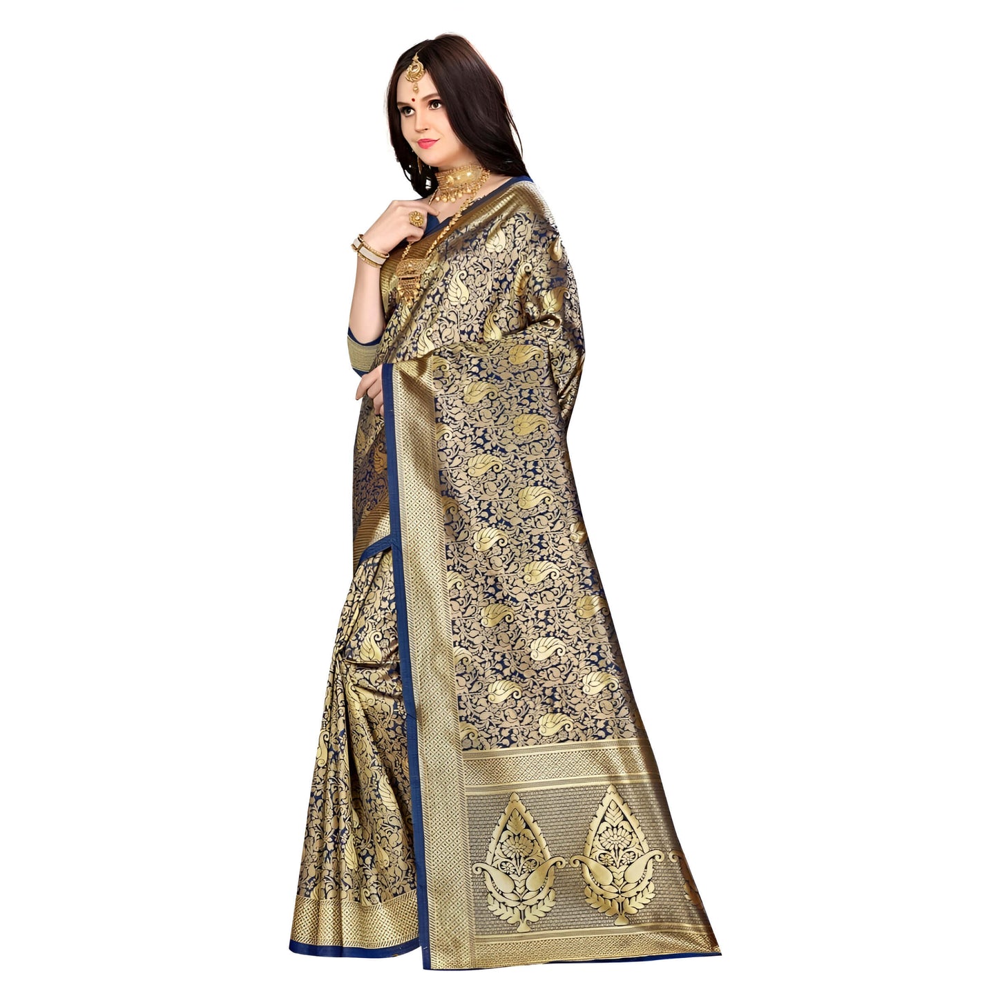 Full view of blue Banarasi silk saree with ornate gold designs and border