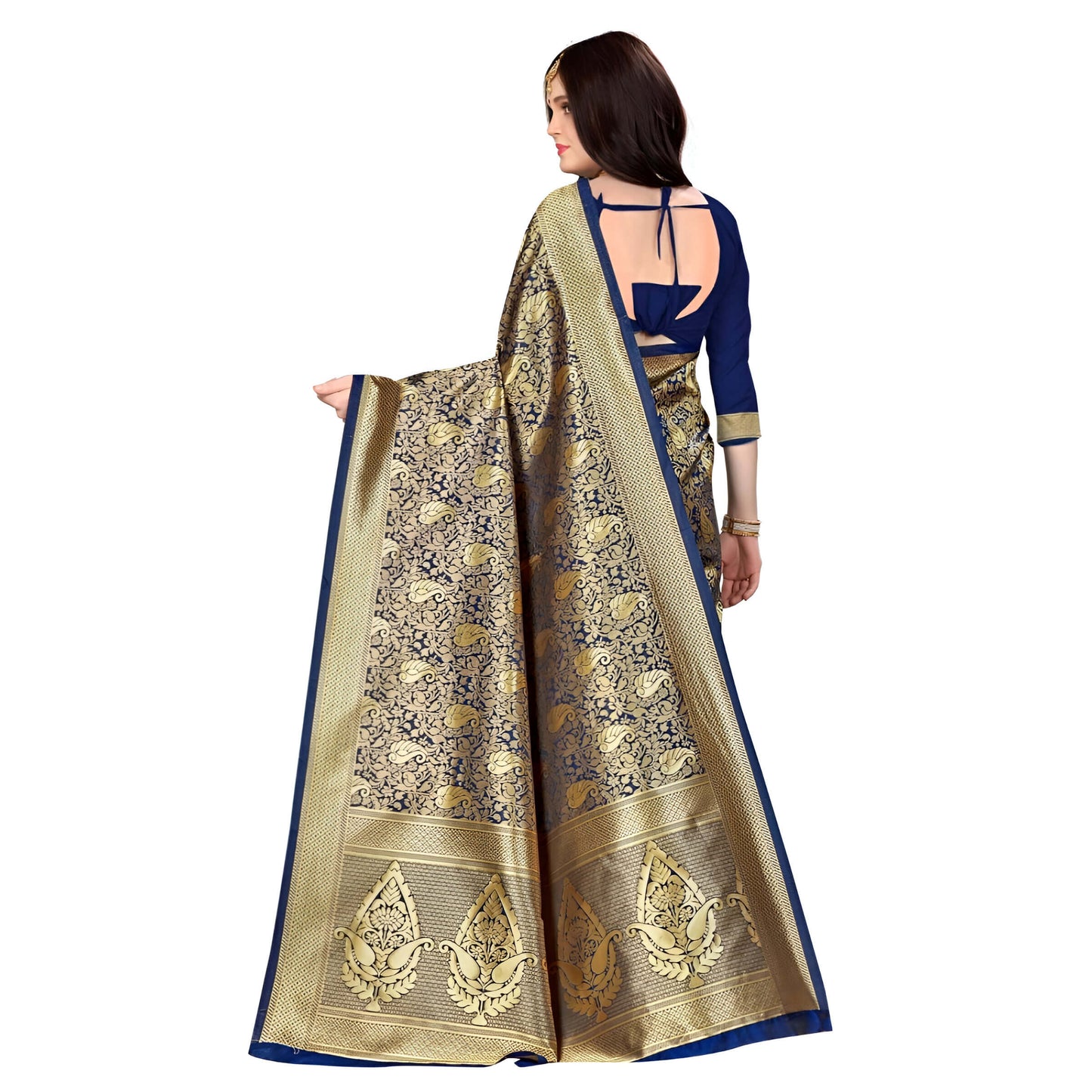 Pallu with gold thread work draped gracefully on blue silk background