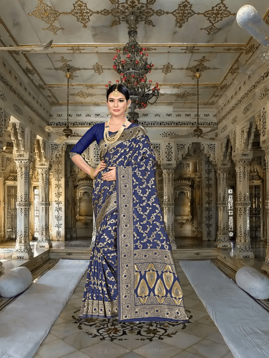 Model draped in navy blue silk blend saree with golden motifs in palace room