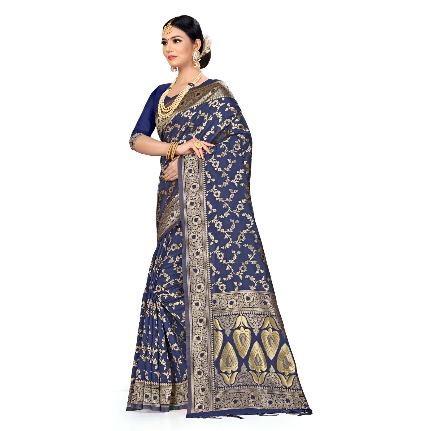 Zoomed-in view of zari border on deep navy silk blend saree