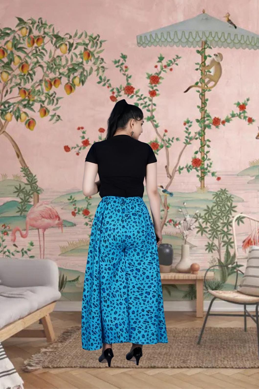 Rear view of Jaipur printed palazzo in soft light blue tone