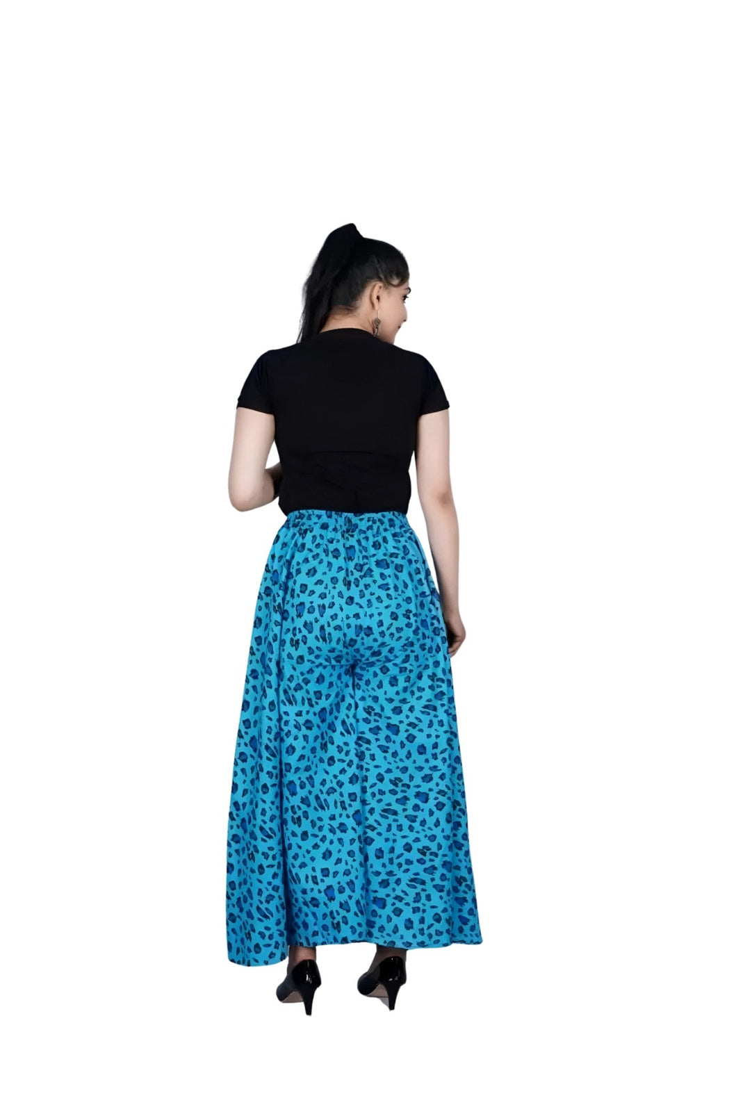 Studio rear view of printed cotton palazzo