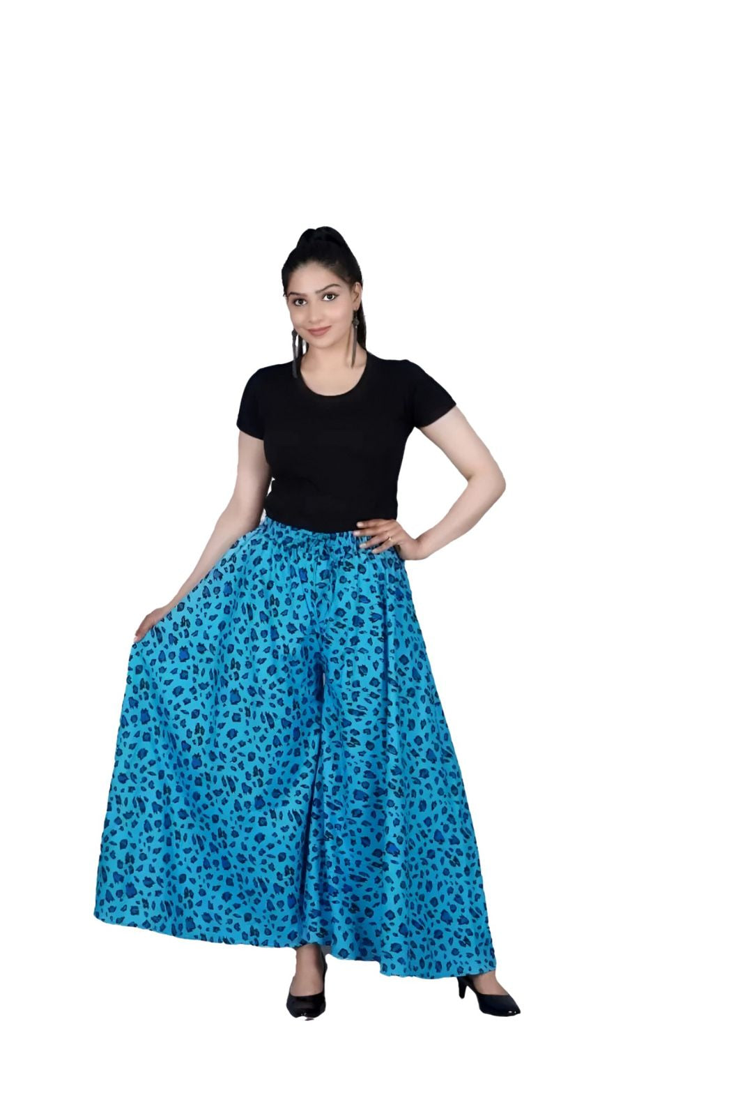 Studio front shot of light blue palazzo pants