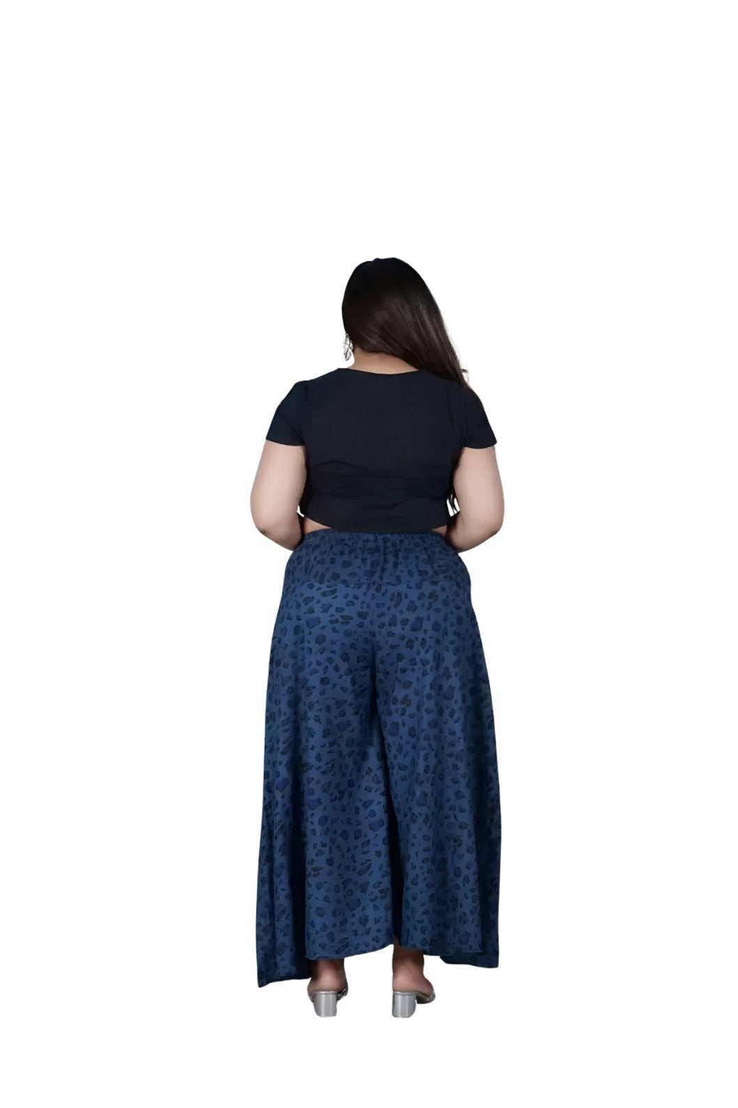 Studio back view of the flowy palazzo design