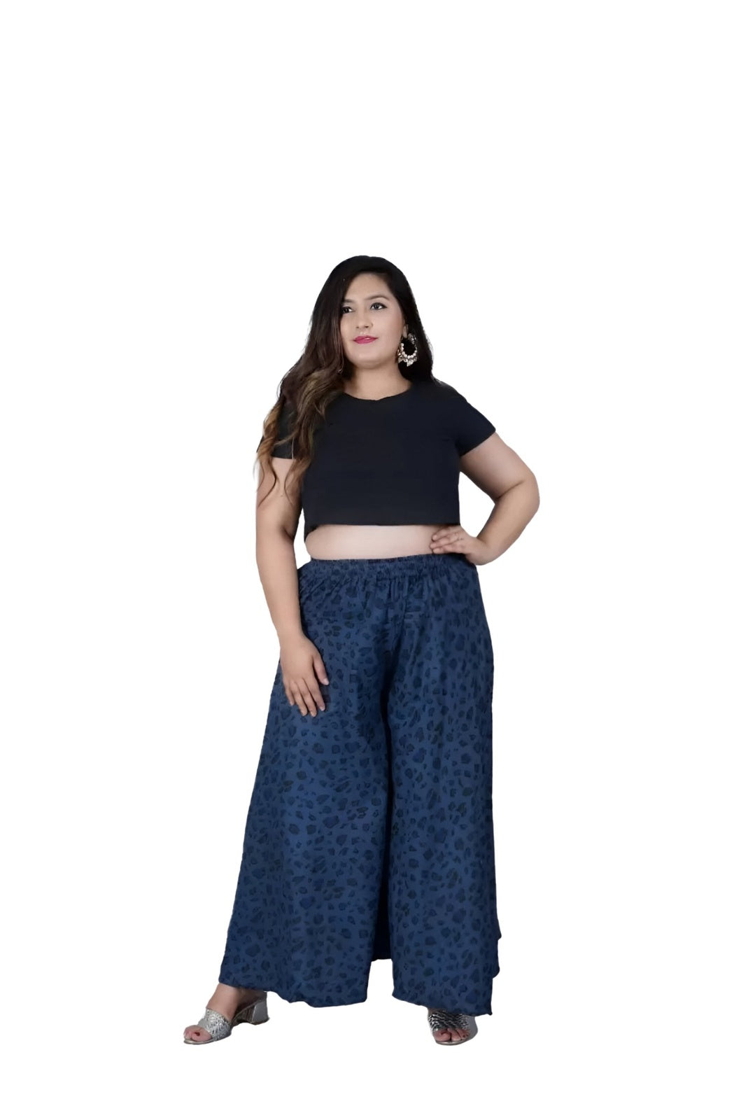 Studio front view of blue printed cotton palazzo pants