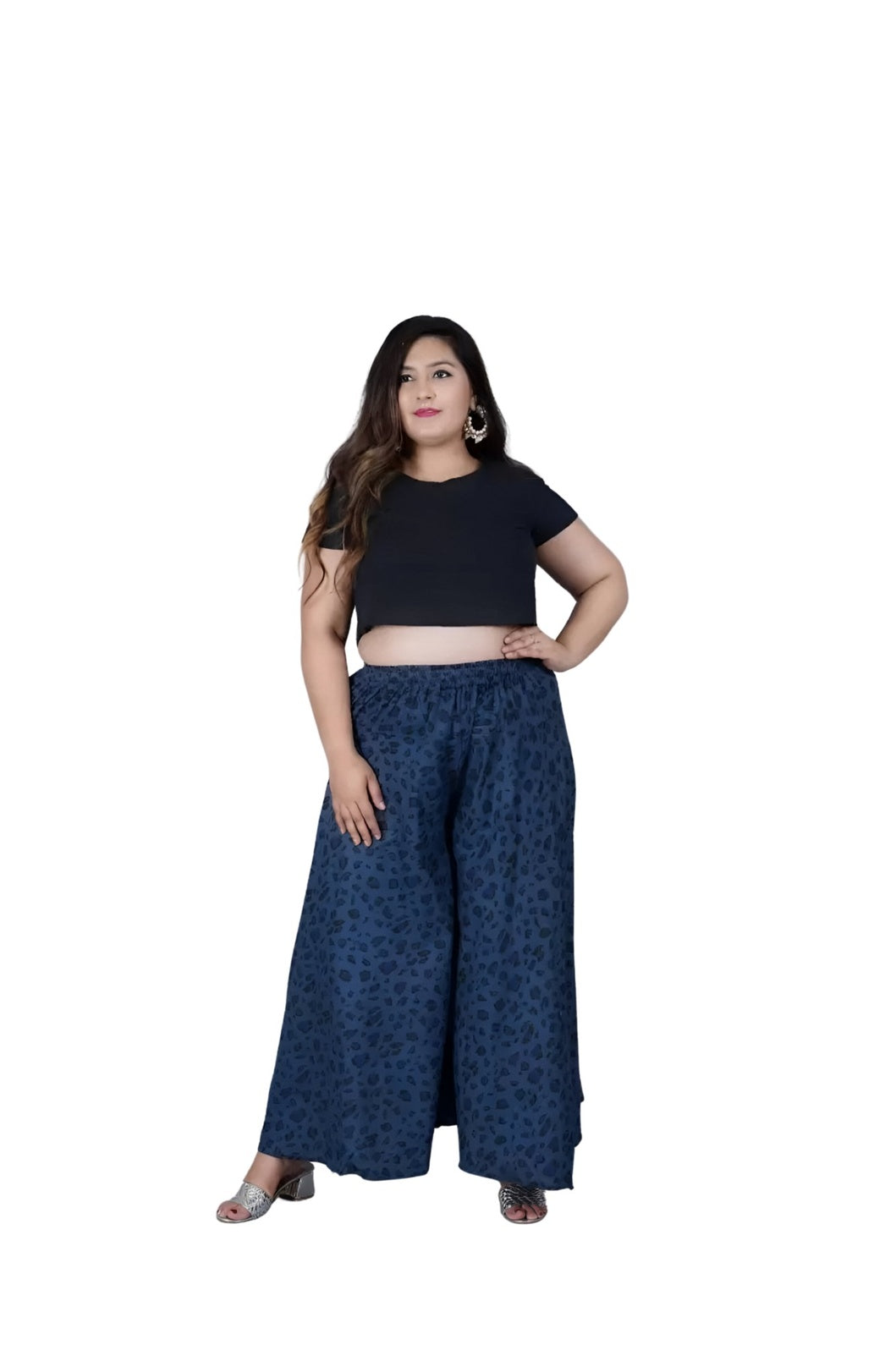 Studio front view of blue printed cotton palazzo pants