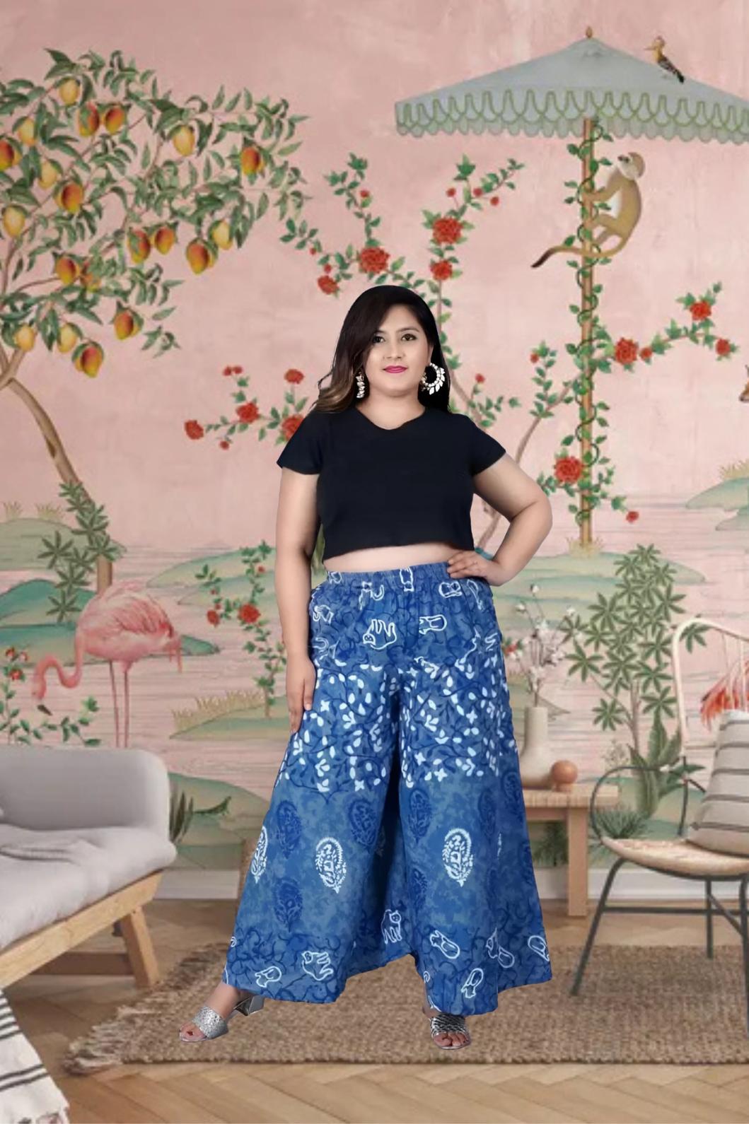 Front view of blue printed palazzo pants under soft daylight