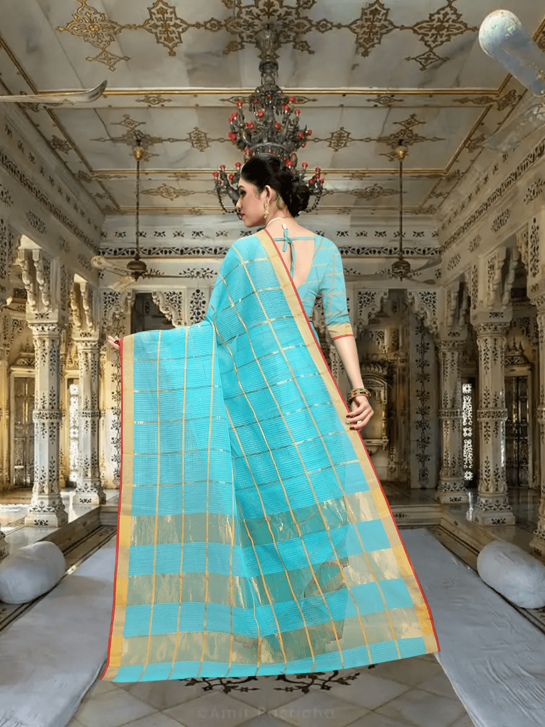 Zoom on golden borders and intersecting threads with sky blue base