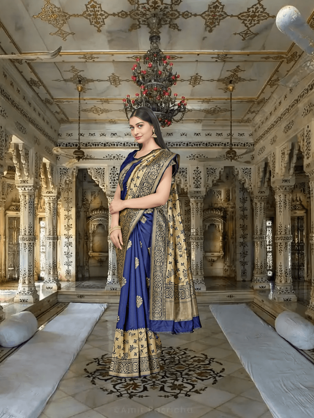 Close-up of golden zari motifs on blue Banarasi silk saree in palace ambience