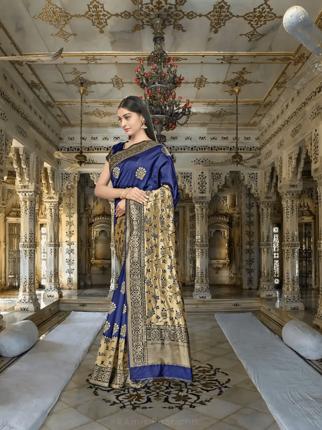 Model in royal blue and gold Banarasi silk saree standing in palace room