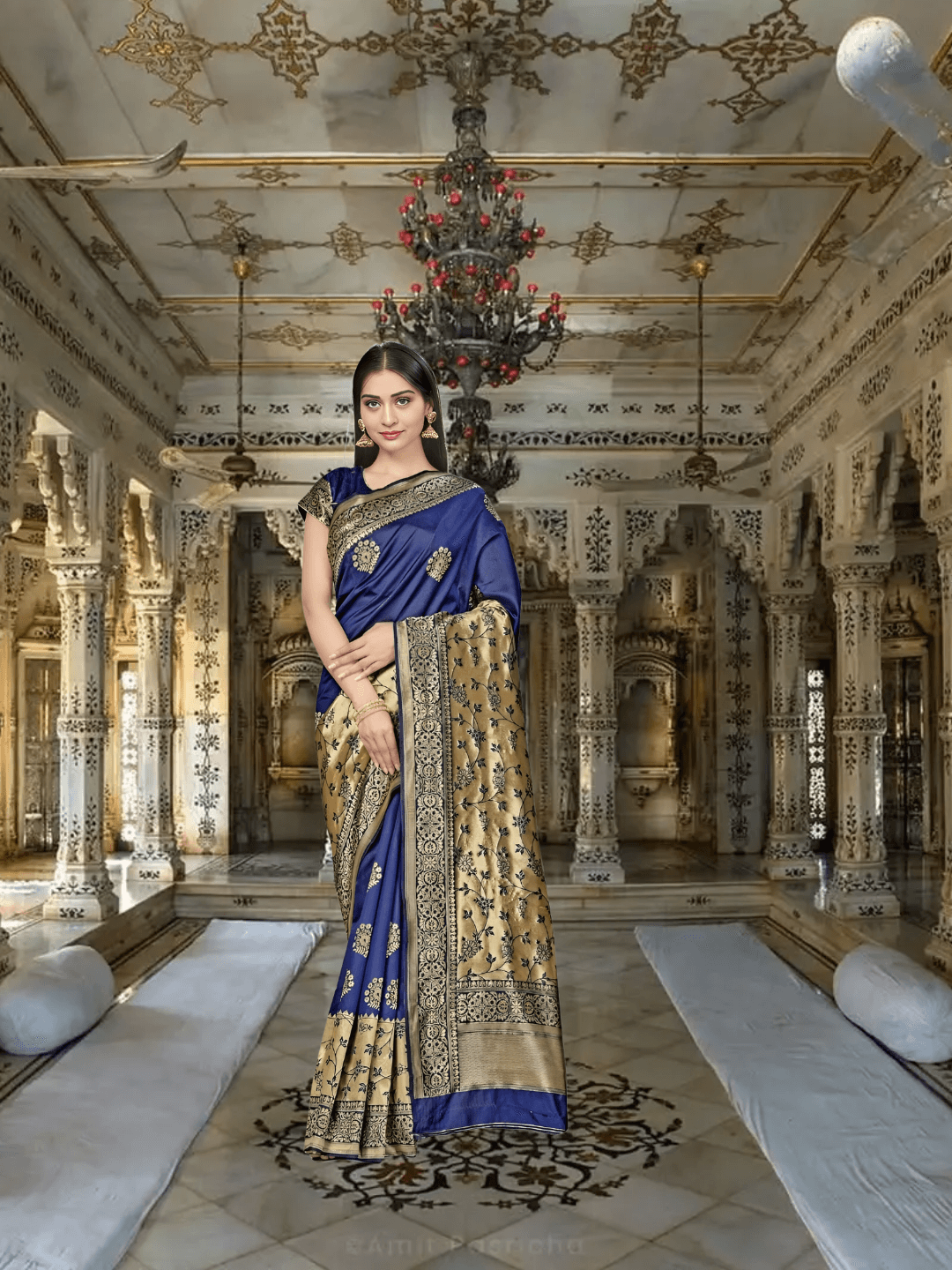 Model gracefully holding blue Banarasi saree showing intricate zari near border