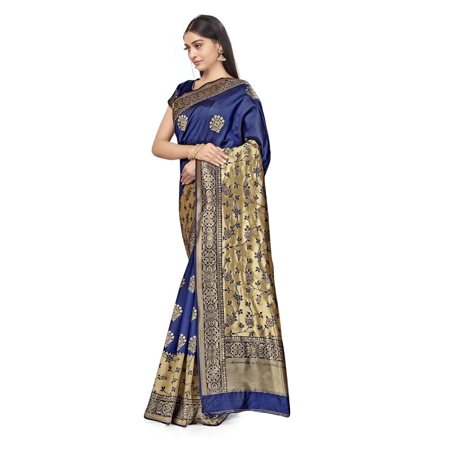 Royal blue Banarasi silk saree with golden zari draped on mannequin against white backdrop