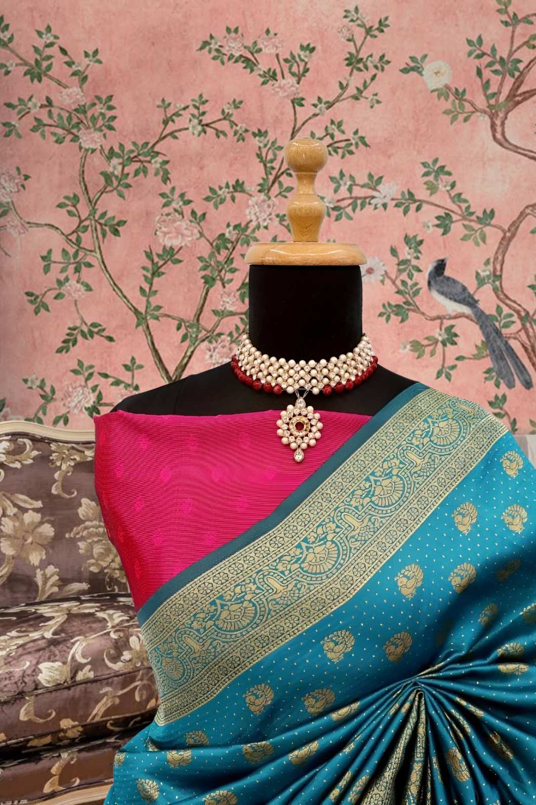 Closeup of silk texture and gold-toned Banarasi weave – ambient light